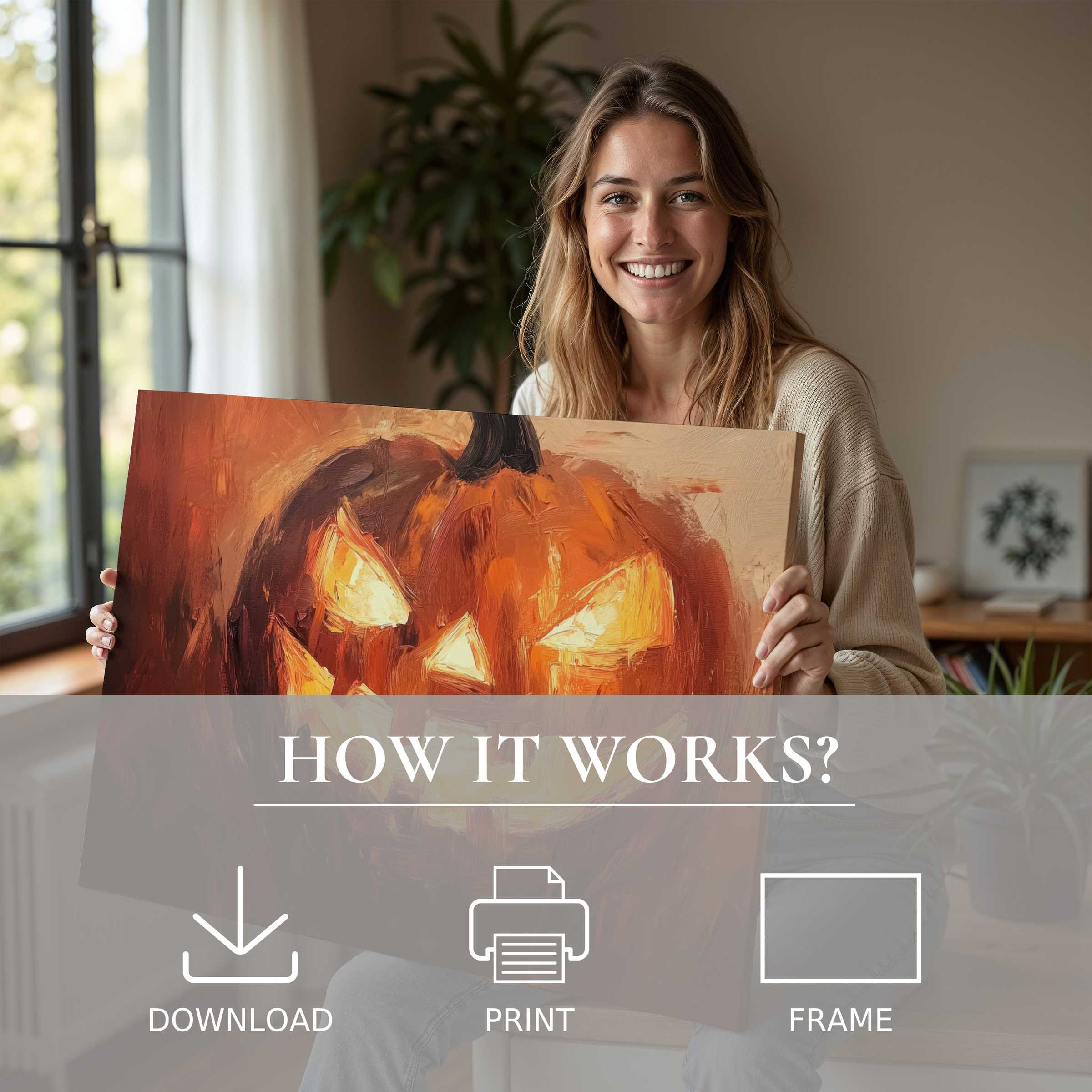 Contemporary Halloween digital art print radiates warmth and charm, inspiring joyful connection in a stylish modern living space