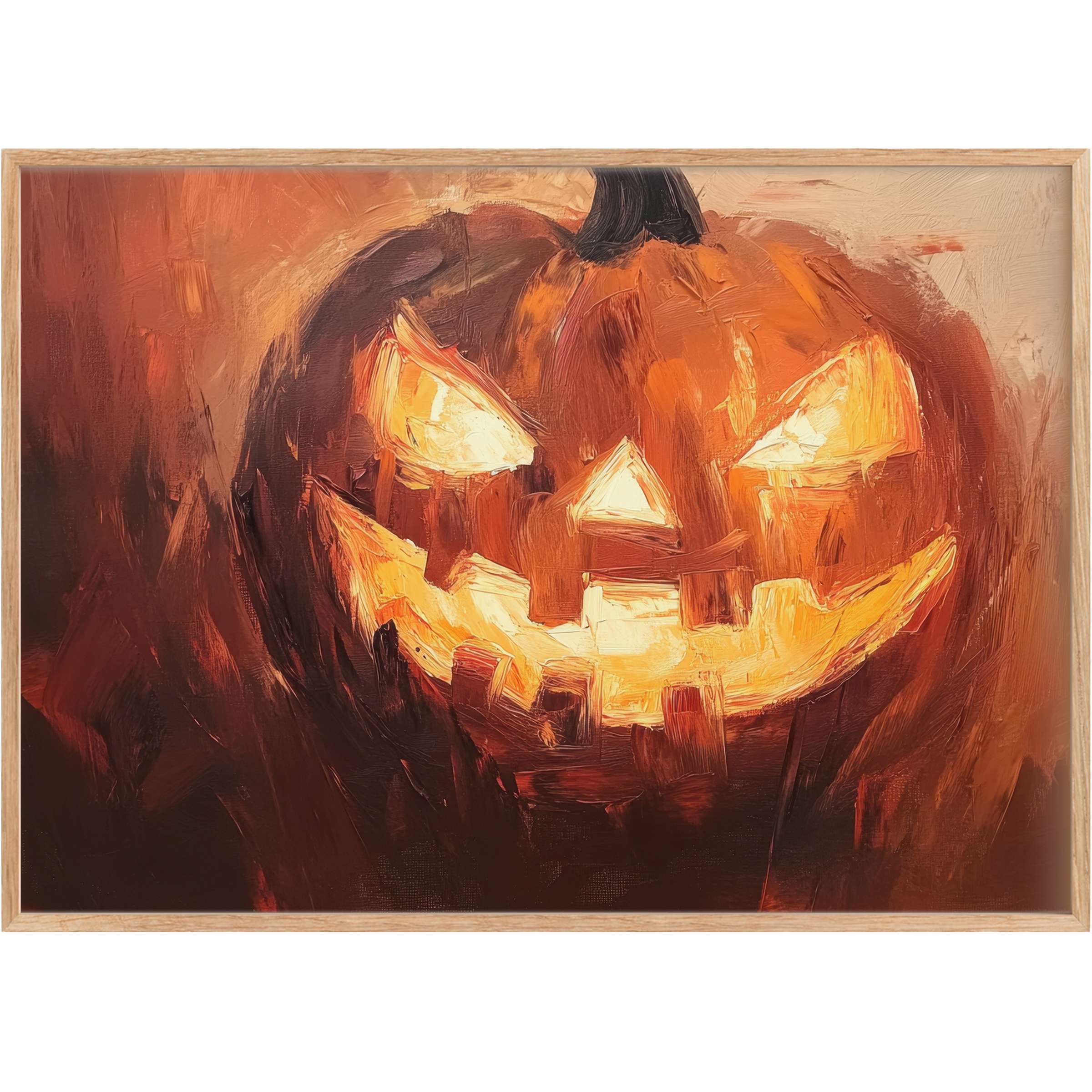 Halloween printable wall art with a glowing jack-o'-lantern, radiating warm orange and amber hues for a bold, spirited ambiance