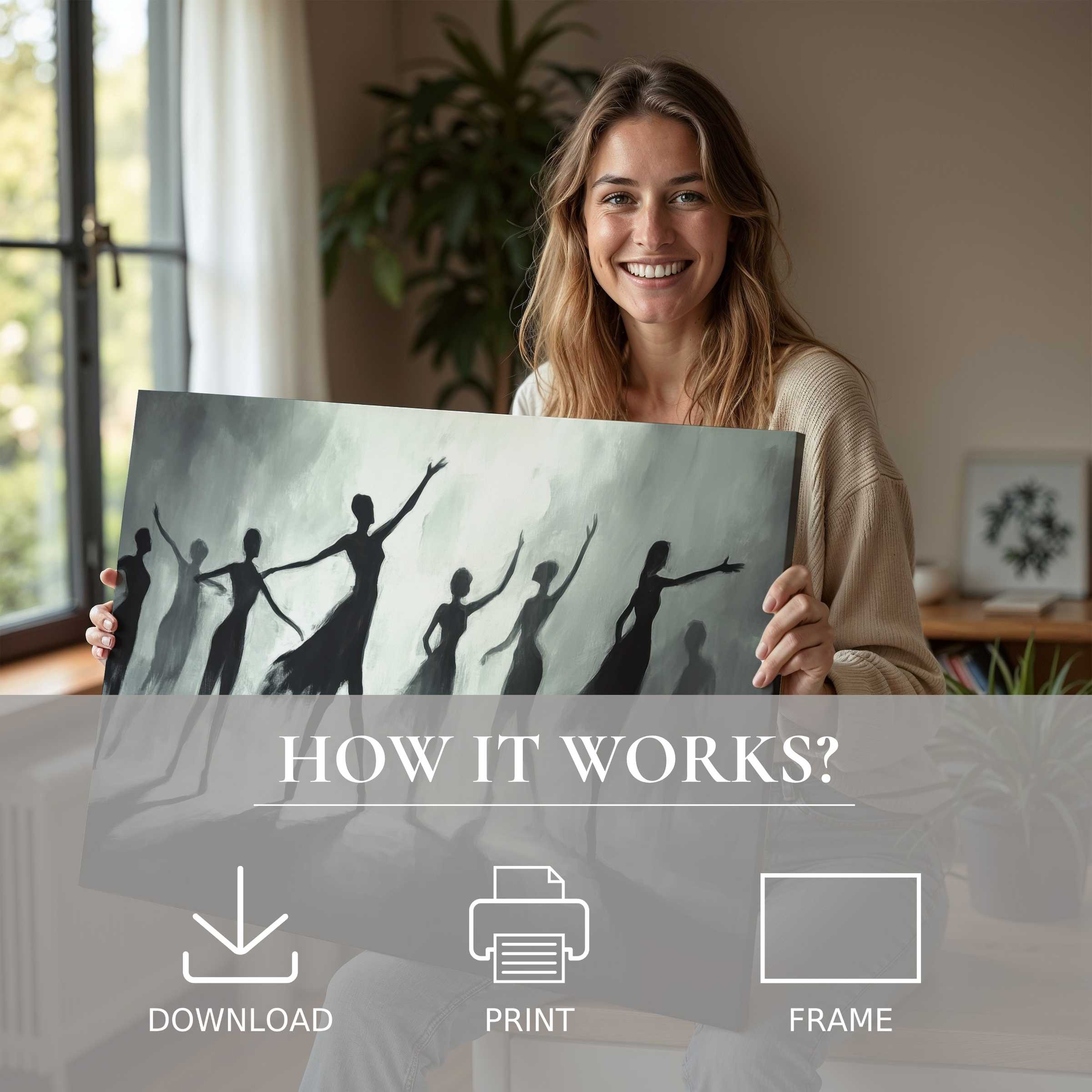 A radiant woman embraces a black and white digital art print, embodying the effortless joy of enriching a serene, modern home