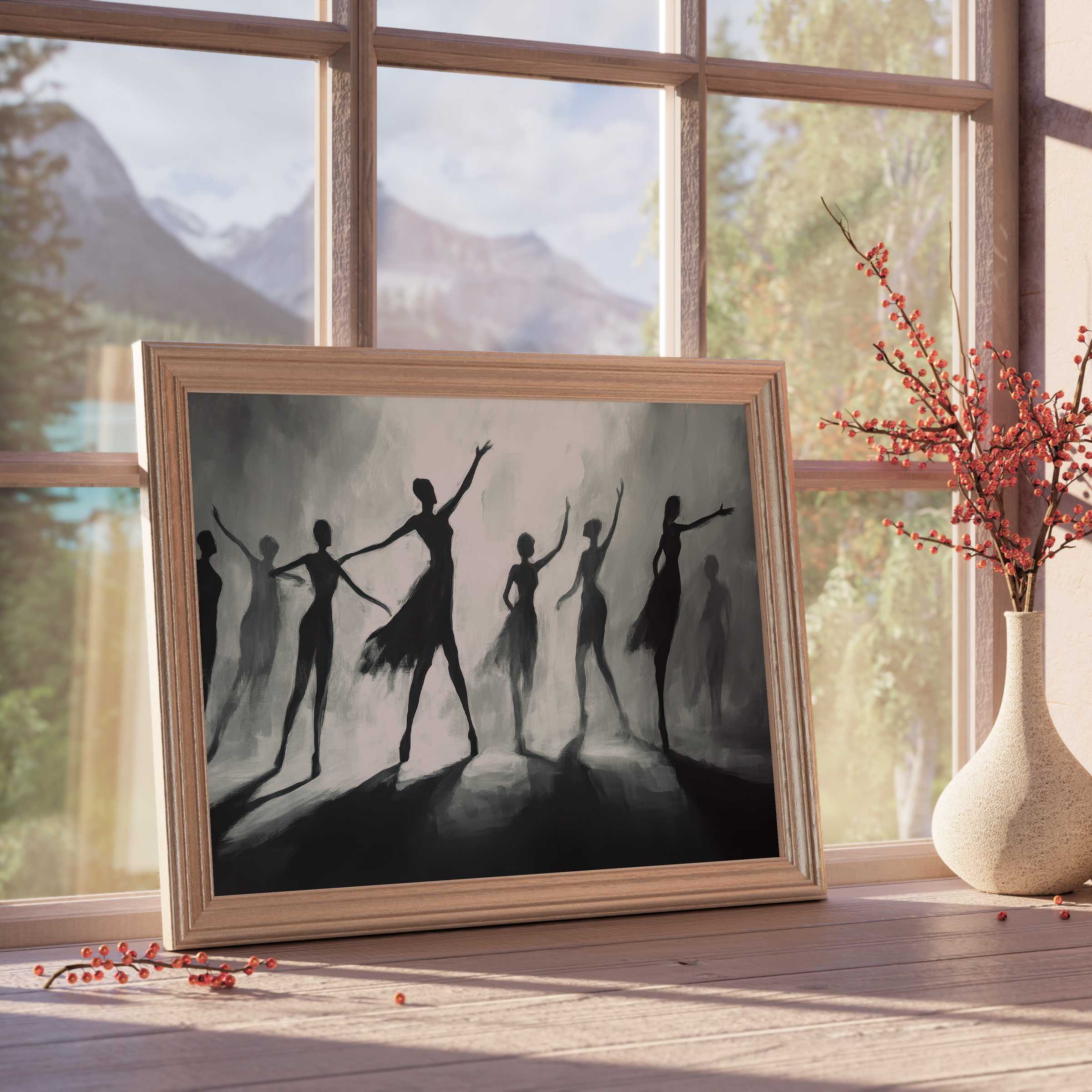 Ethereal black and white downloadable art of graceful ballerinas, evoking serene movement and timeless elegance for chic, minimalist interiors