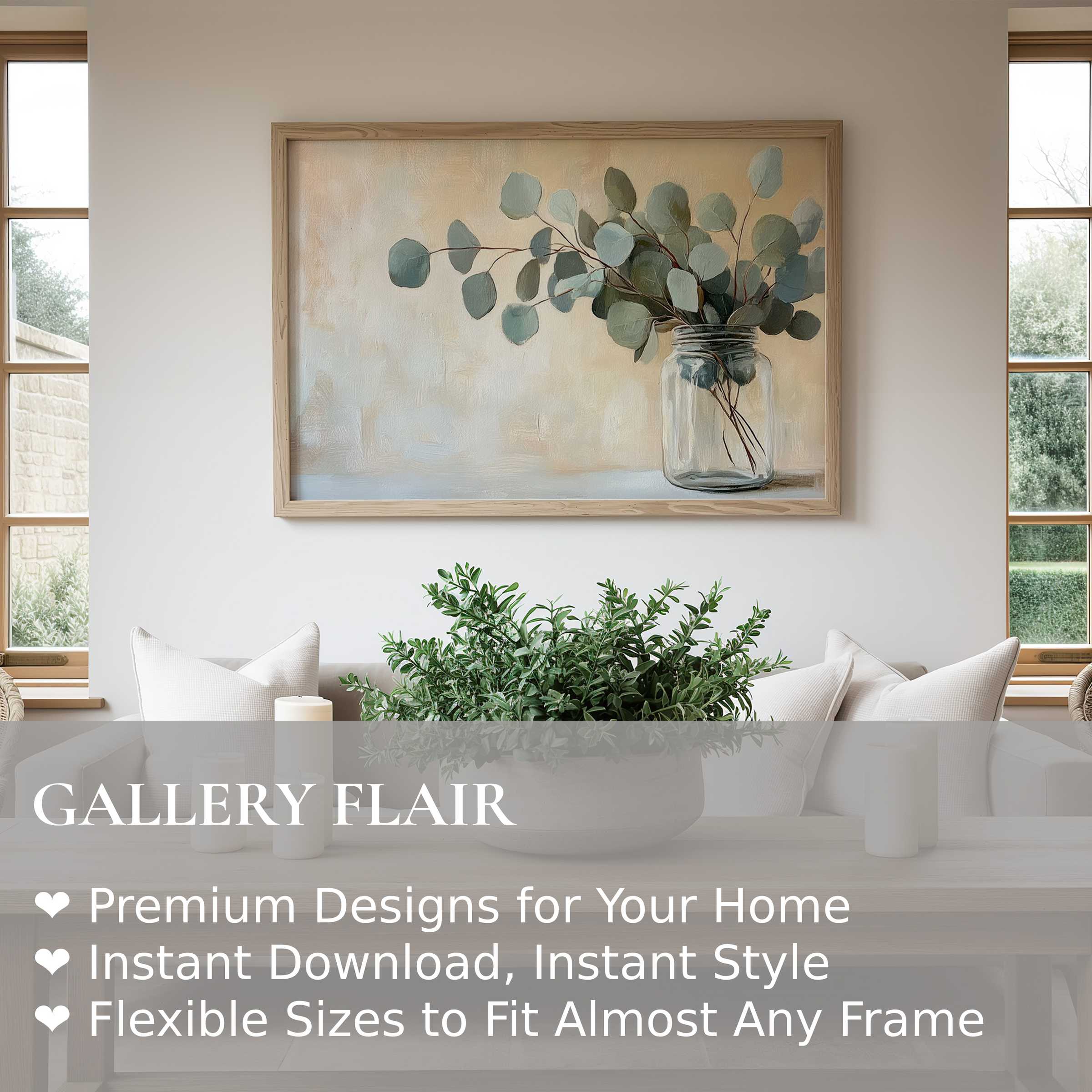 Serene floral wall art print with eucalyptus in glass jar, radiating calm elegance in a modern minimalist living room