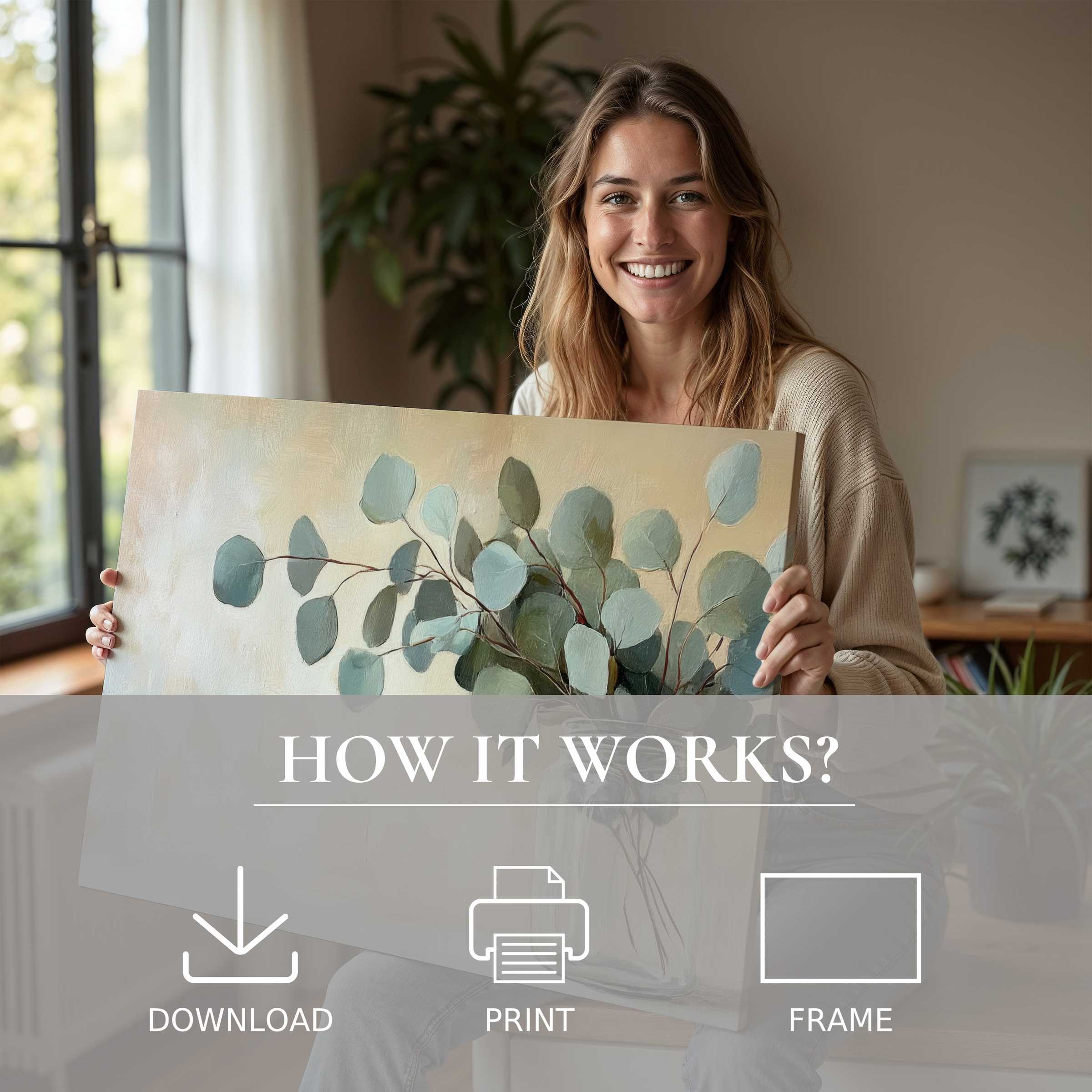 A radiant moment of joy in a modern home, showcasing a floral digital art print that brings serene, natural elegance indoors