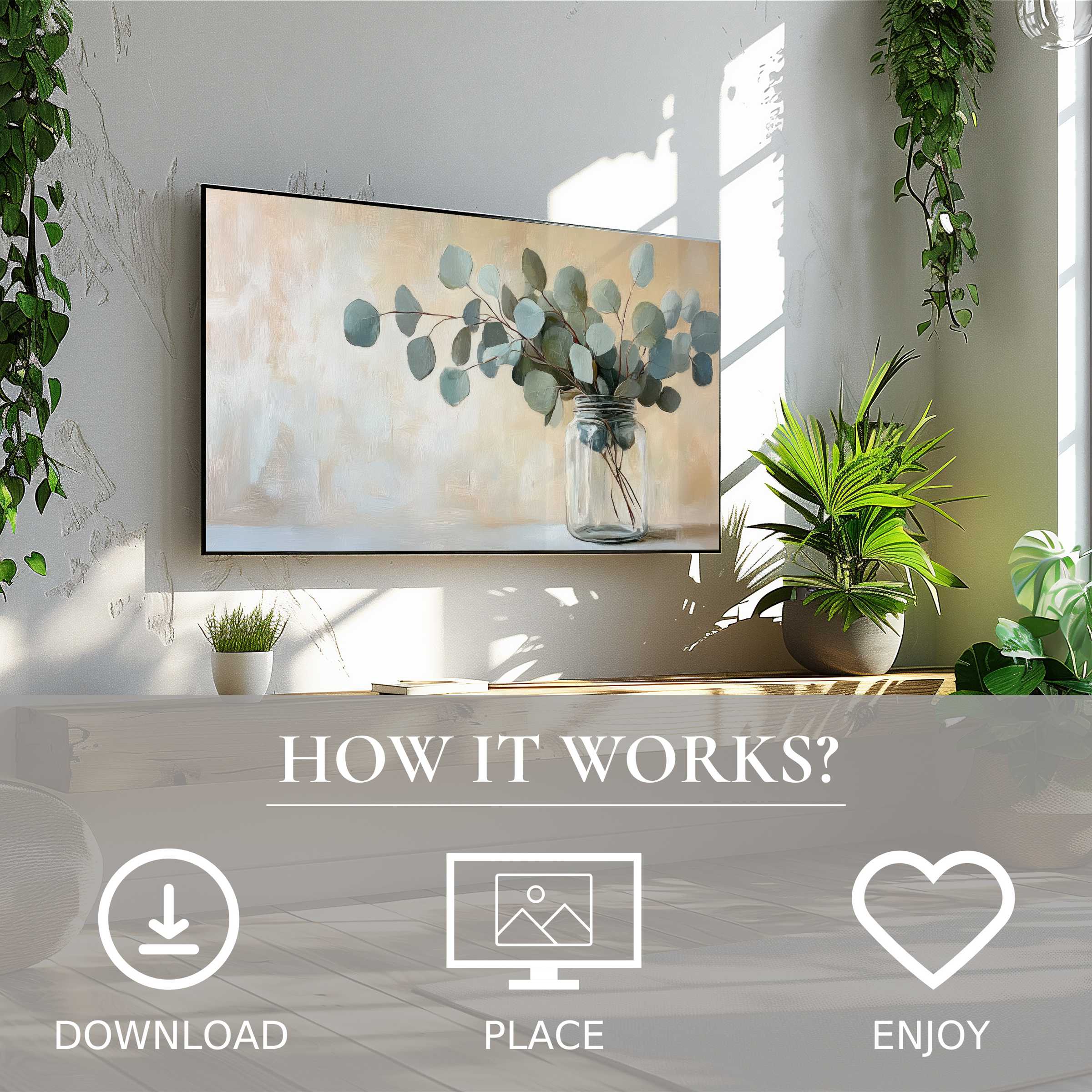 Floral art for Samsung TV with soft green eucalyptus tones, easy digital download, enhances any modern living space