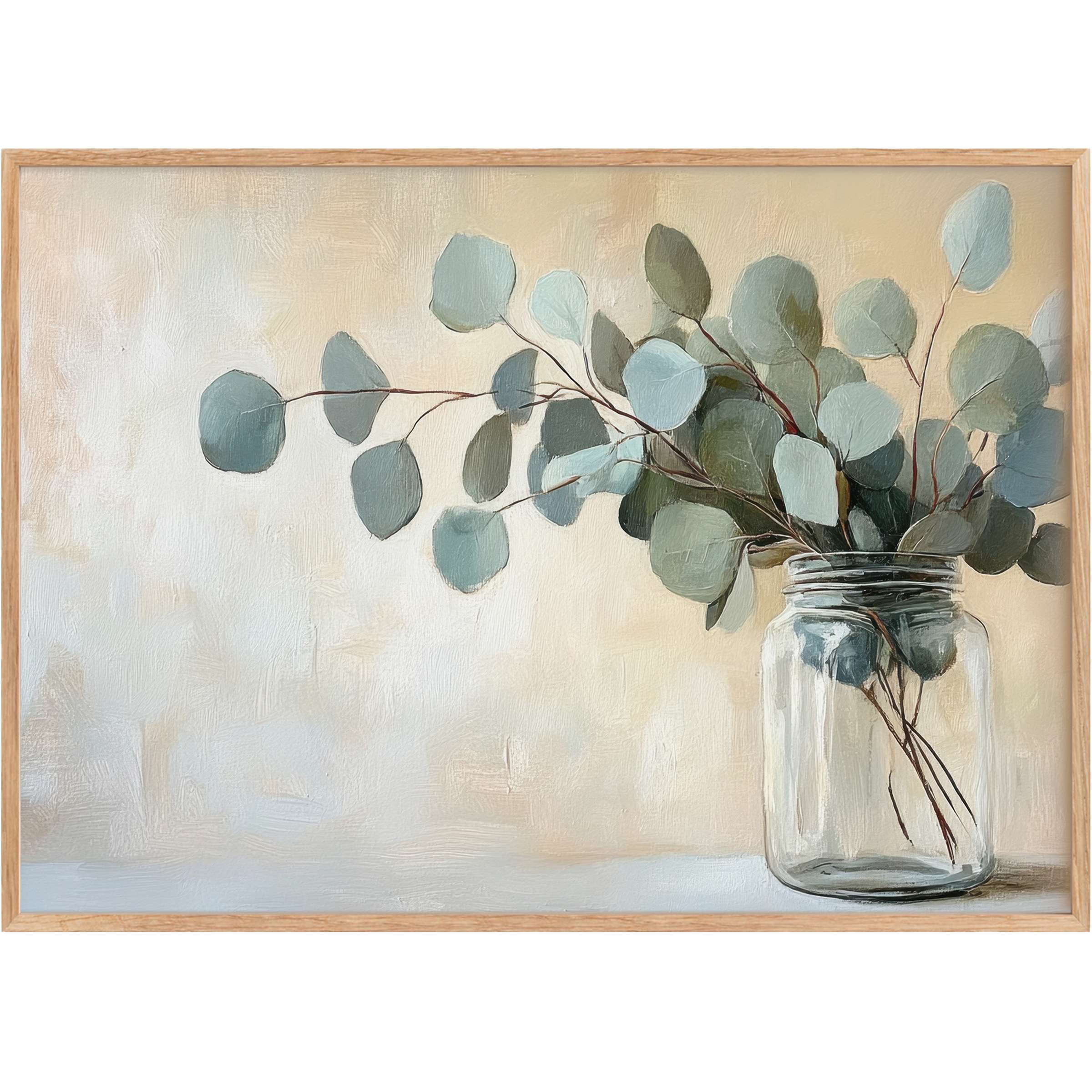 Serene floral printable wall art with soft sage and muted blue eucalyptus leaves in a clear jar, evoking calm elegance and understated grace