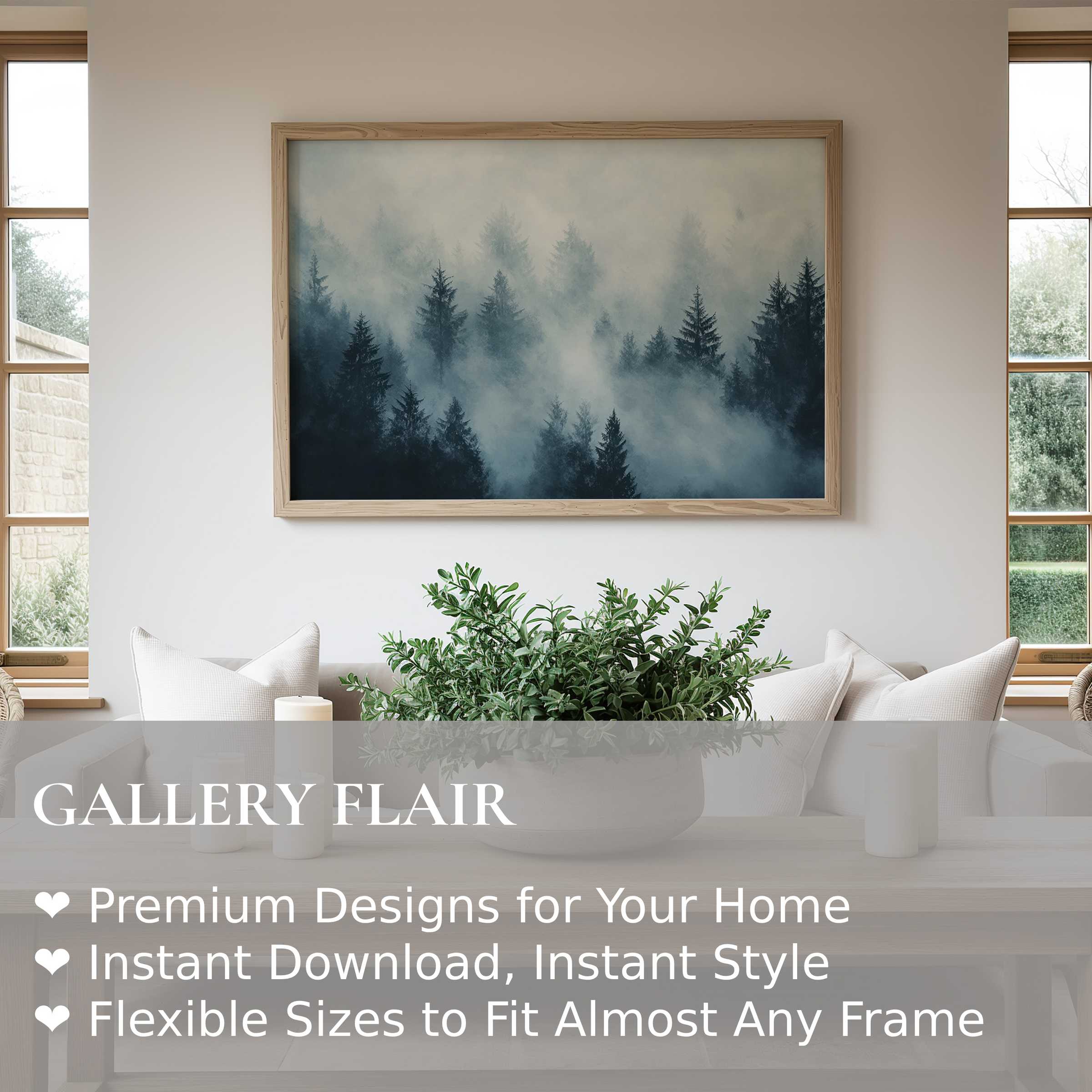 Serene tree wall art print capturing misty pine forest in deep blue tones, elevating modern minimalist living spaces with calming, natural elegance