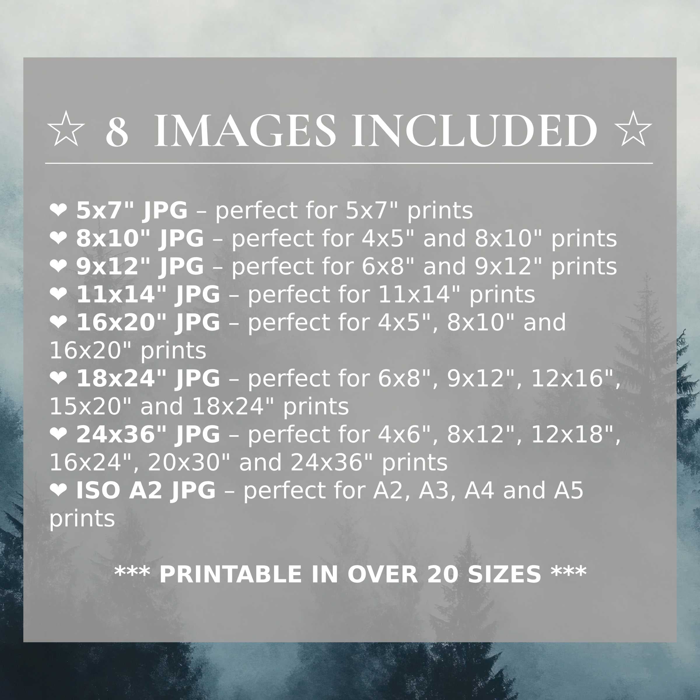 Print size guide showing 8 included JPG formats for versatile wall art printing – perfect for framing in popular sizes from 5x7 to 24x36 and A2