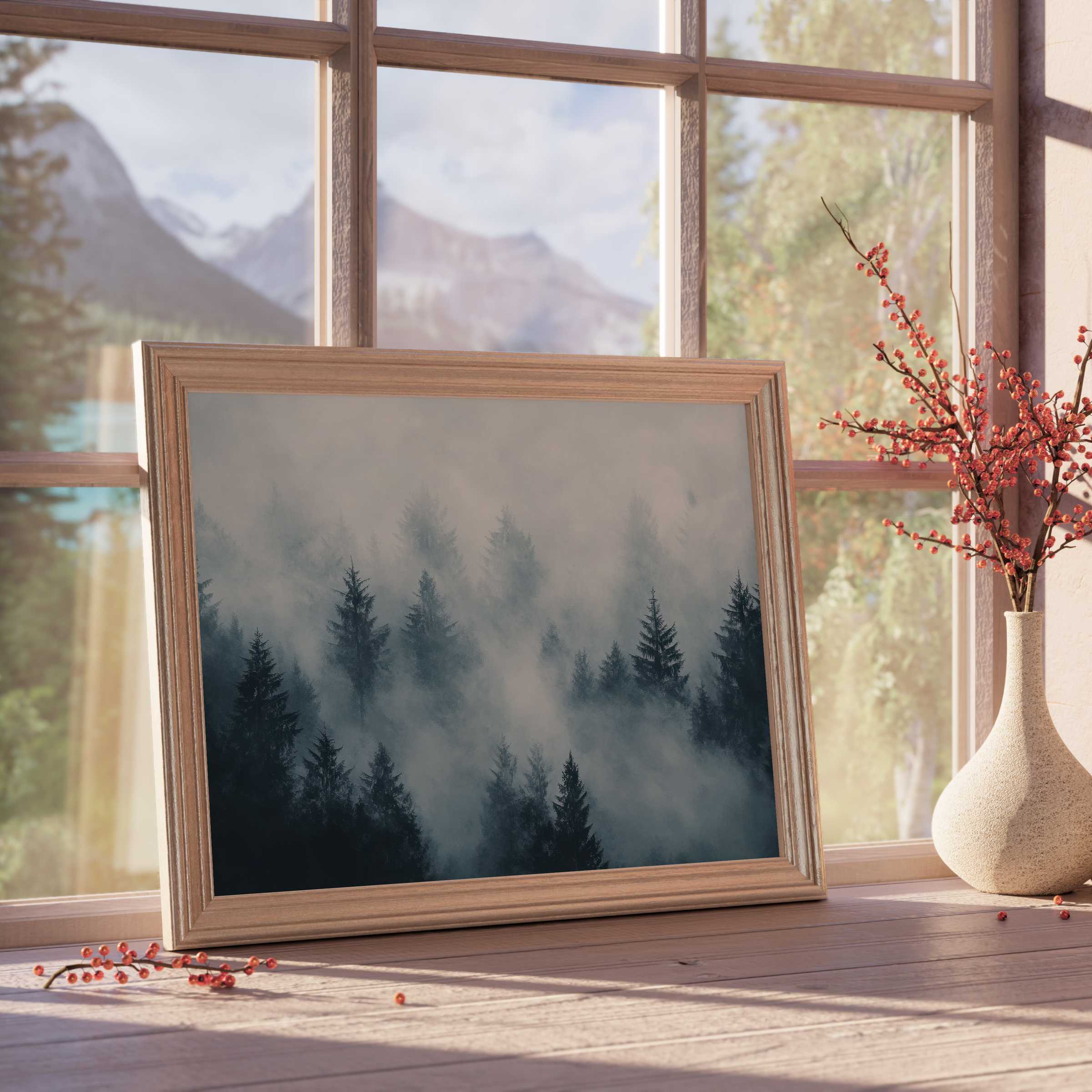 Misty pine forest tree downloadable art in a warm wood frame, evoking tranquil, curated luxury for elegant interiors