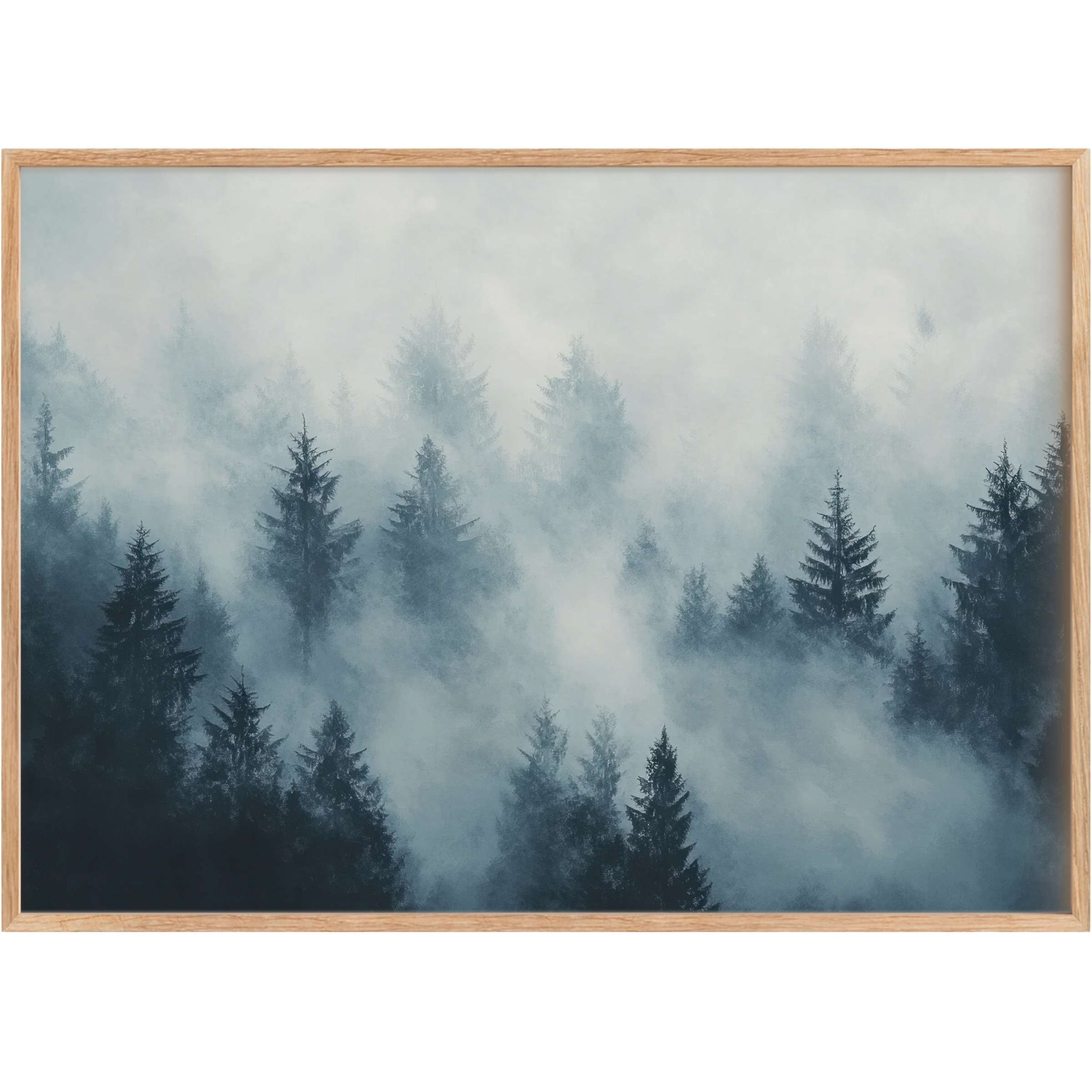 Ethereal tree printable wall art in misty blue tones, evoking tranquil, serene ambiance for sophisticated interiors