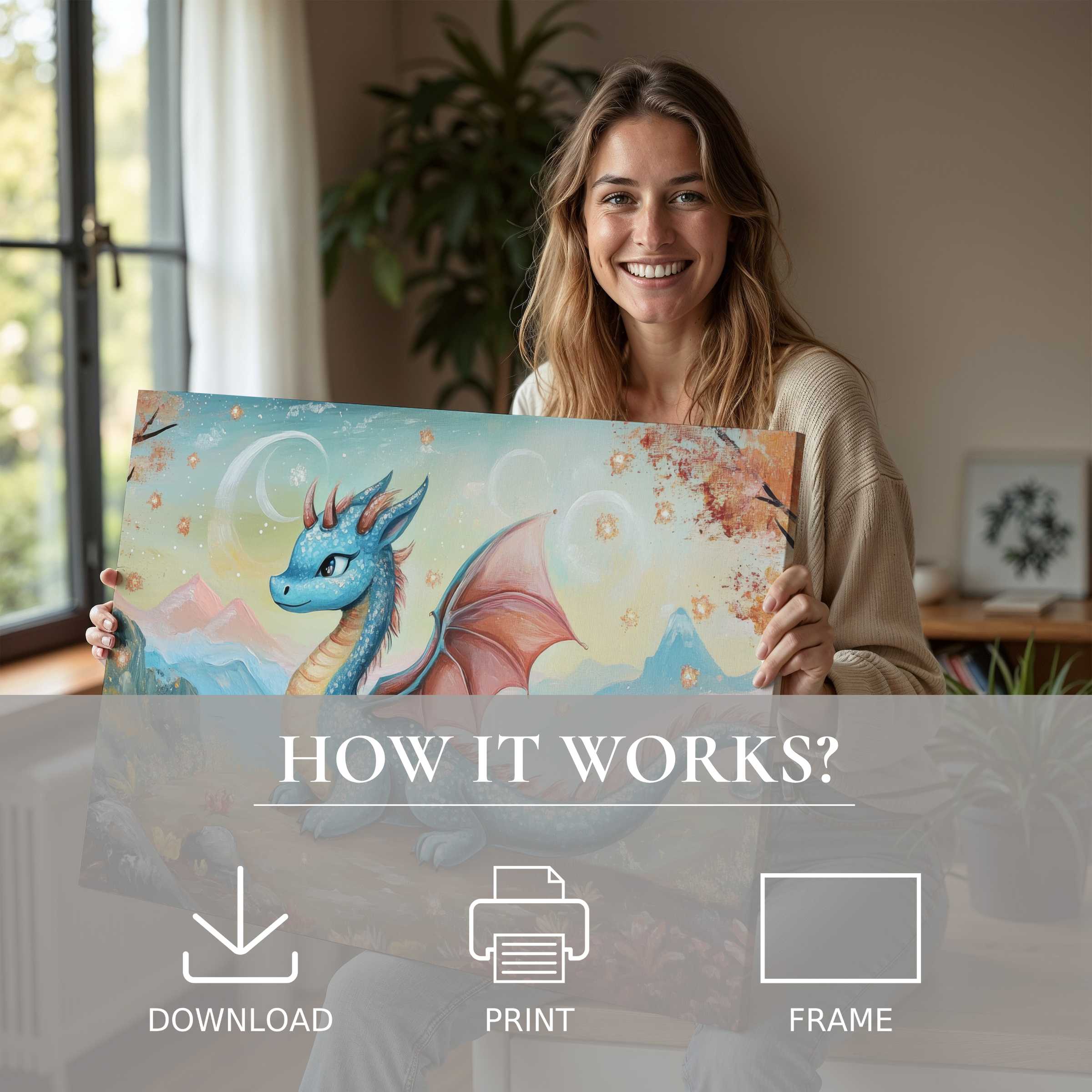 Bright nursery digital art print held by woman in modern home, evoking joy and serene connection through whimsical dragon