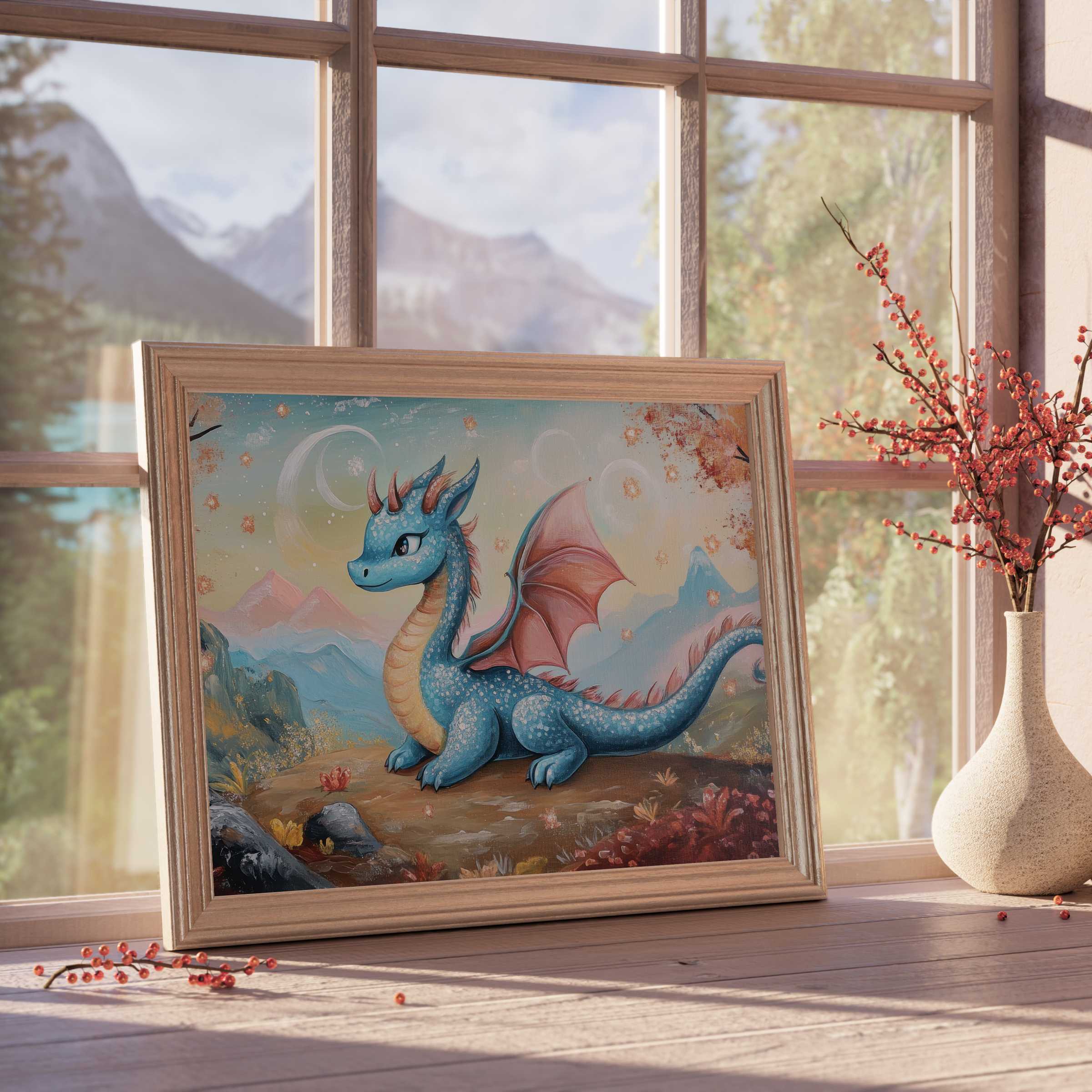 Enchanting nursery downloadable art featuring a serene blue dragon in a dreamy mountain landscape, perfect for curated, calm kids’ rooms
