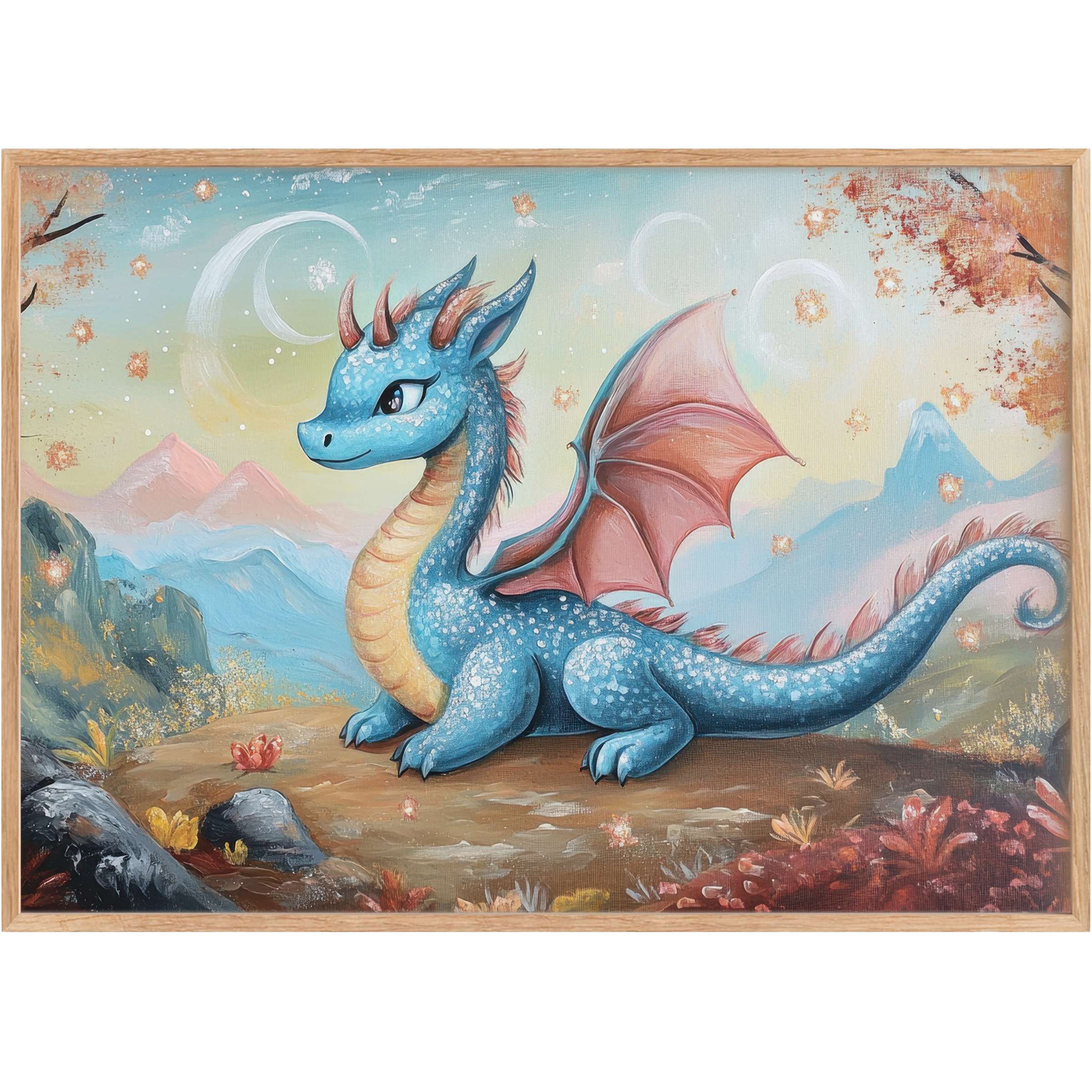 Whimsical nursery printable wall art featuring a serene blue dragon with soft pink wings, evoking a dreamy, enchanting atmosphere