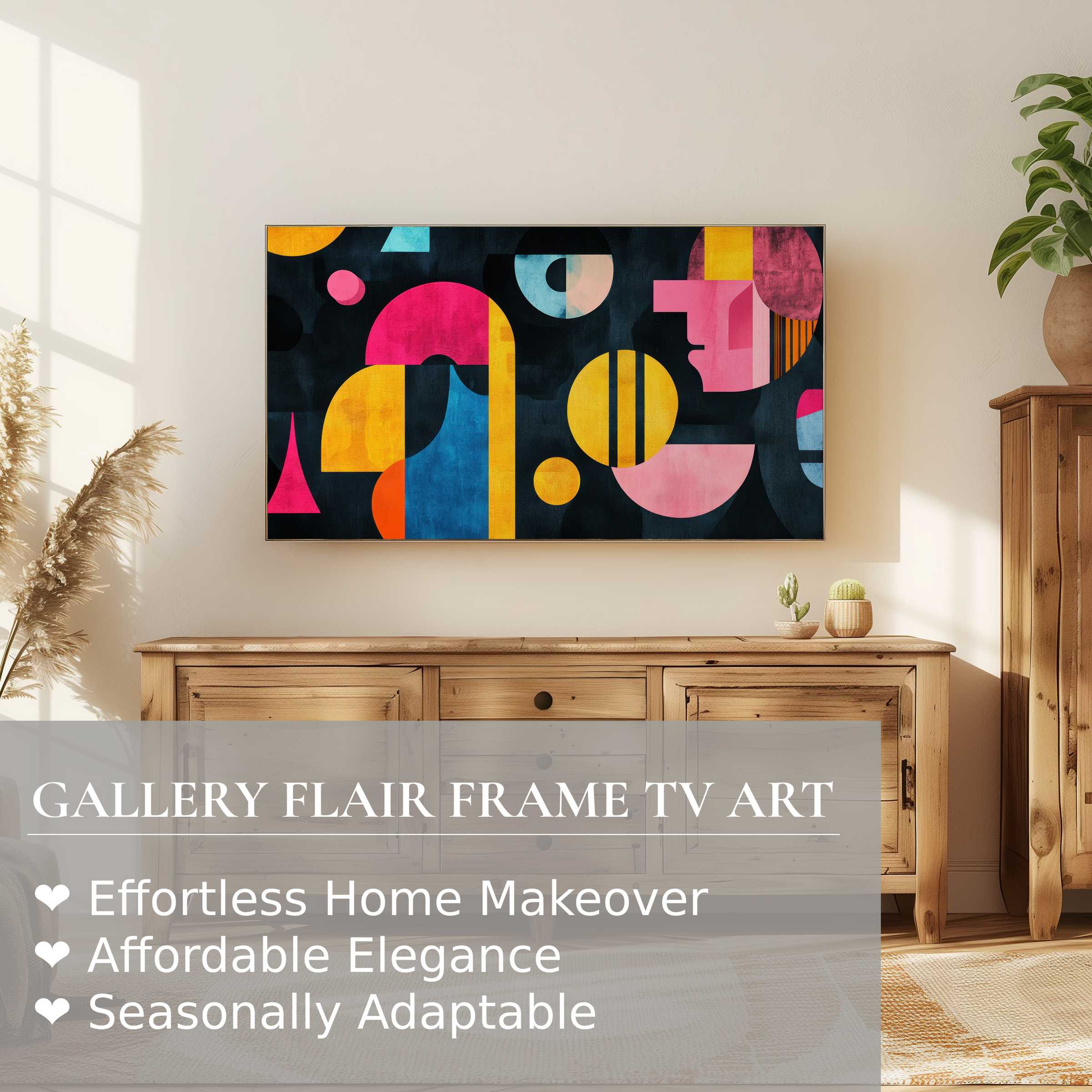 Samsung Frame TV displaying vibrant modern digital artwork in a sunlit, stylish living room setting