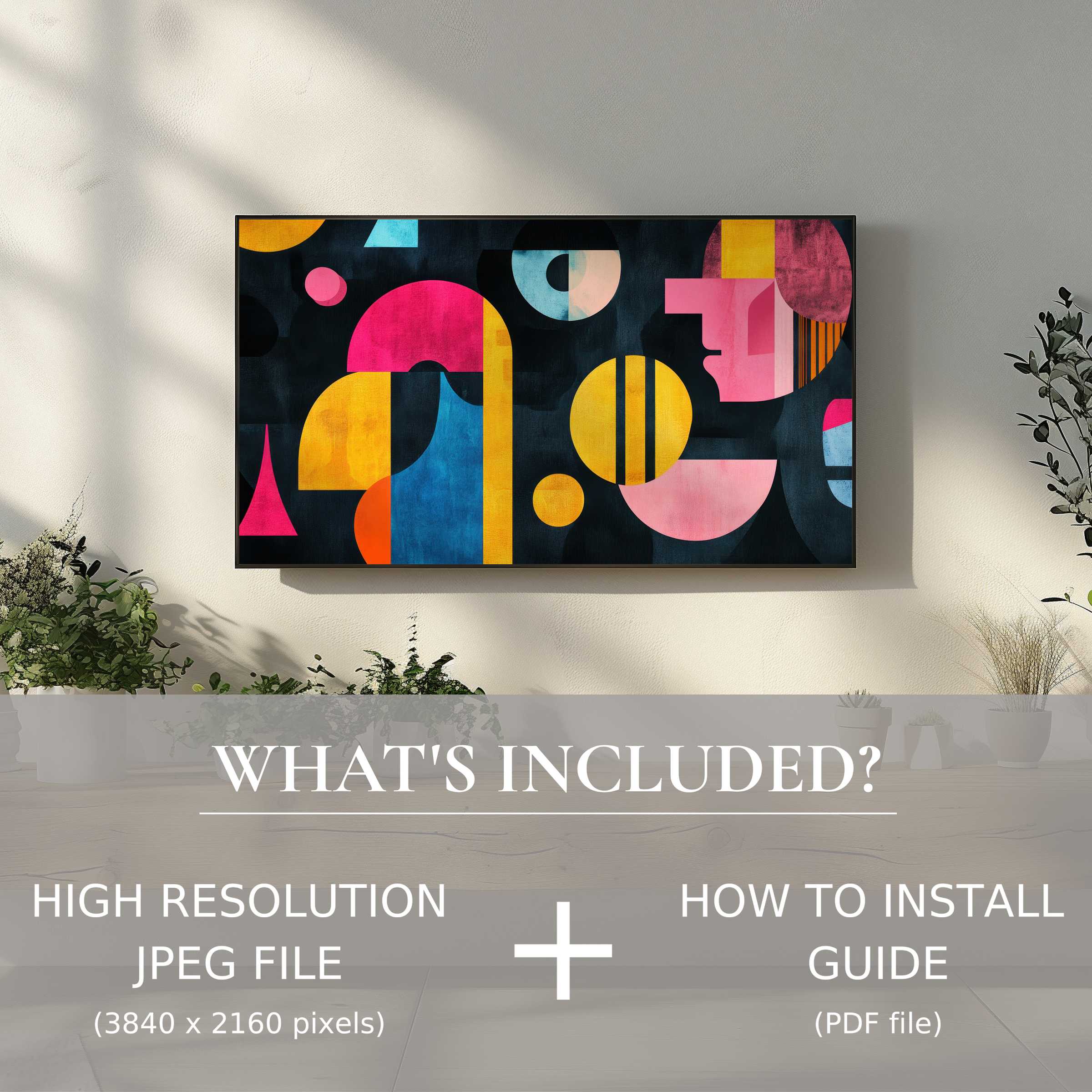 Modern digital TV art download with vibrant abstract design, easily enhancing your living space with sleek digital style
