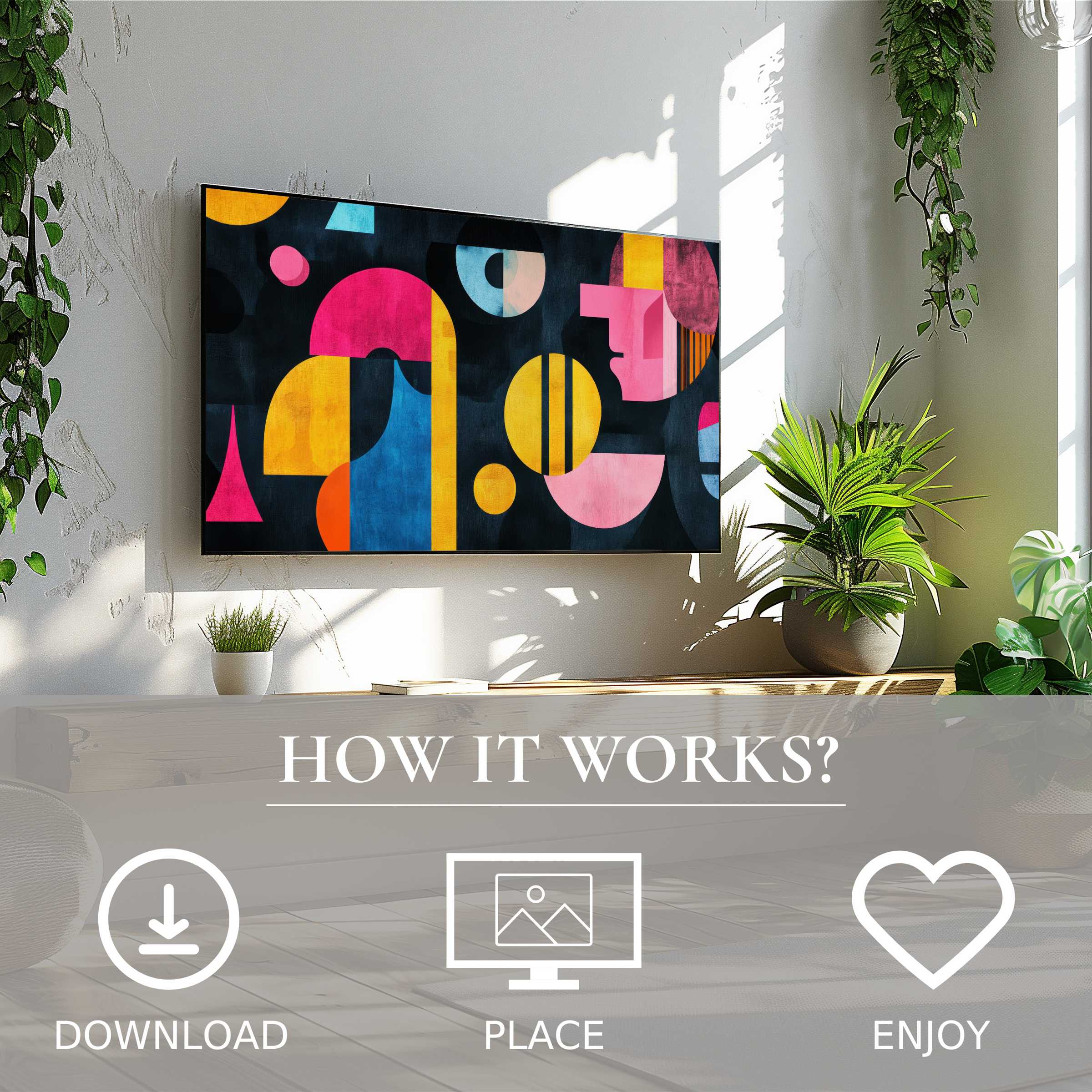 Modern art for Samsung TV: vibrant geometric shapes enhance your space with easy digital download and seamless display