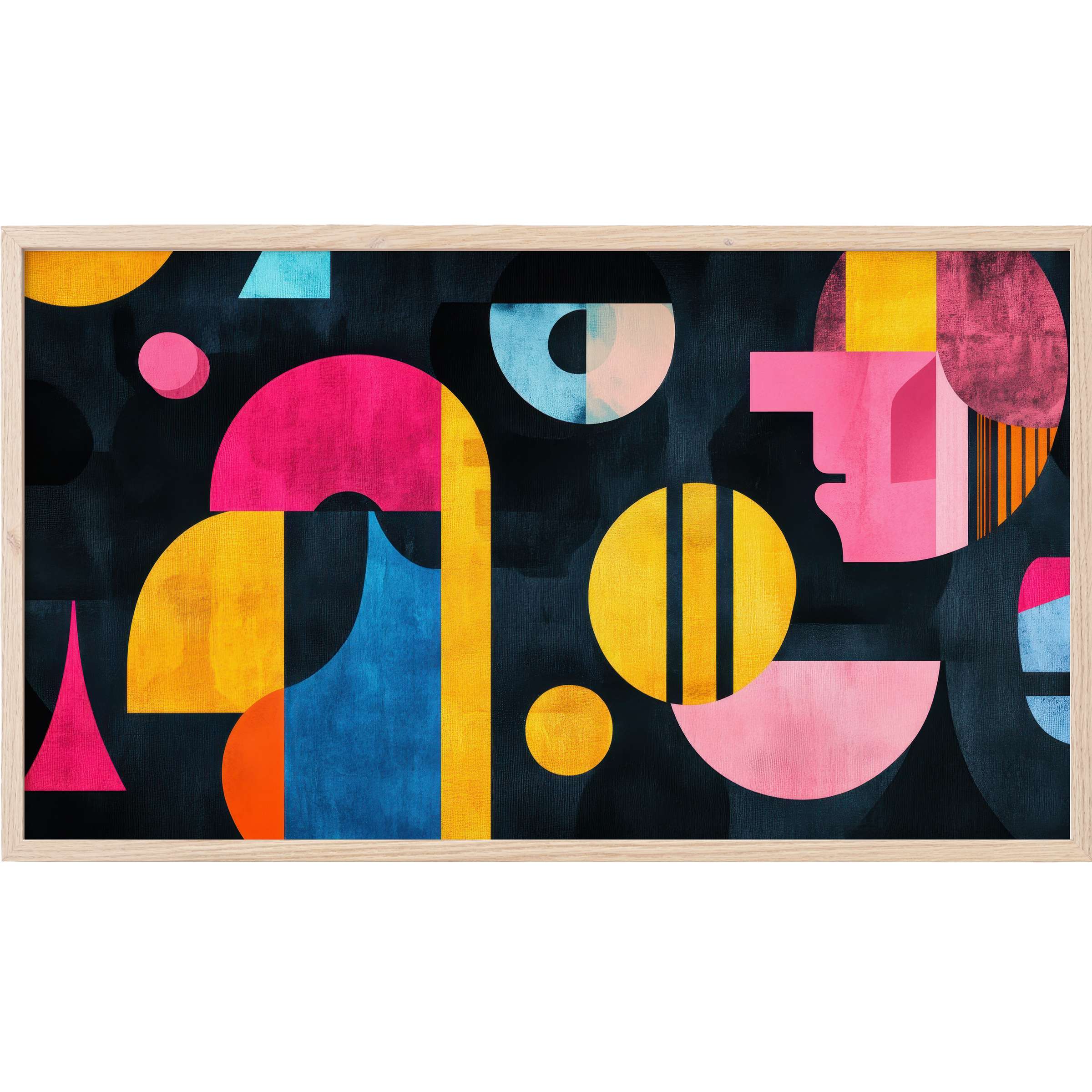 Vibrant geometric shapes in pink, yellow, blue, and orange on dark backdrop, elegant modern Frame TV Art