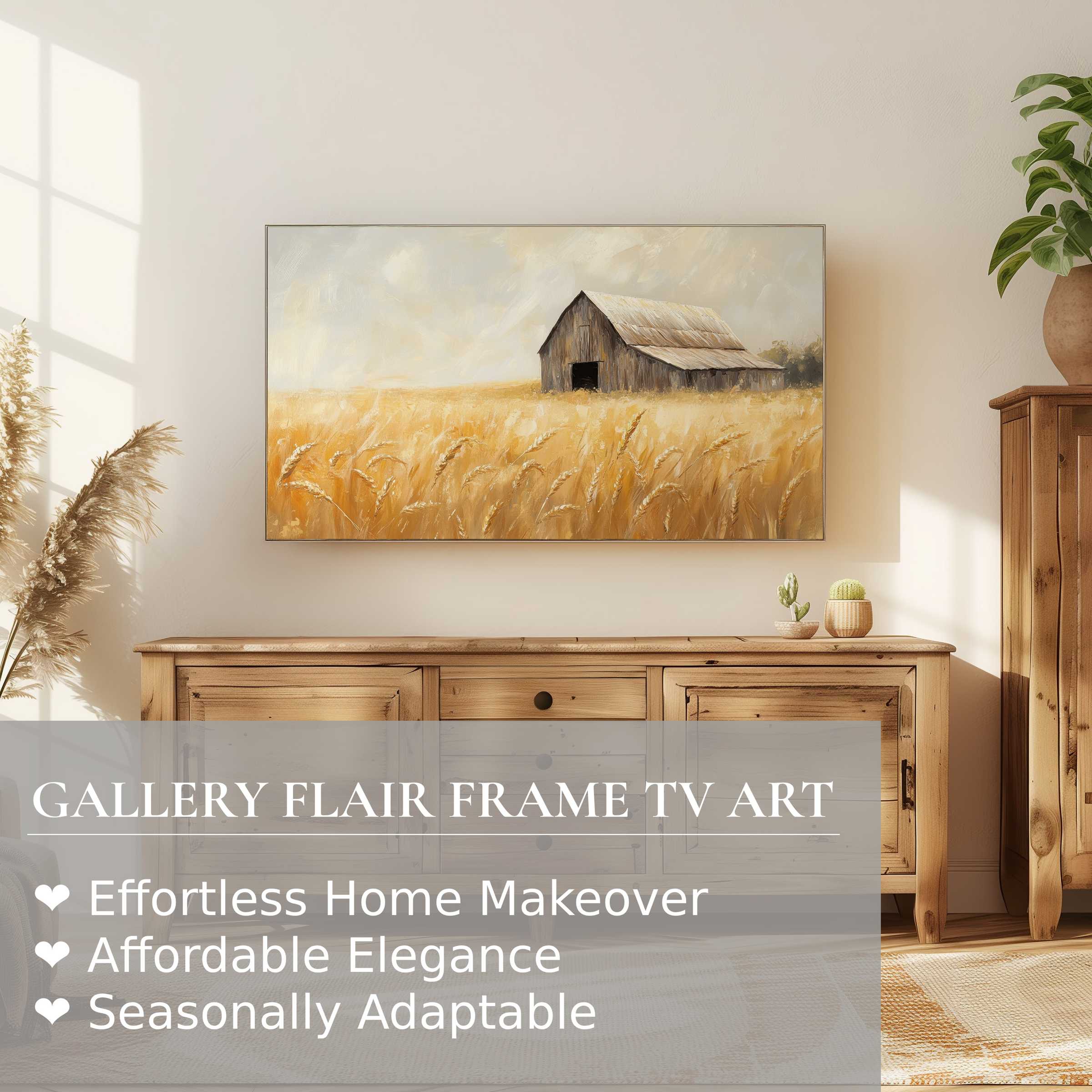 Samsung Frame TV displaying farmhouse digital artwork in warm tones, enhancing a serene modern rustic living space
