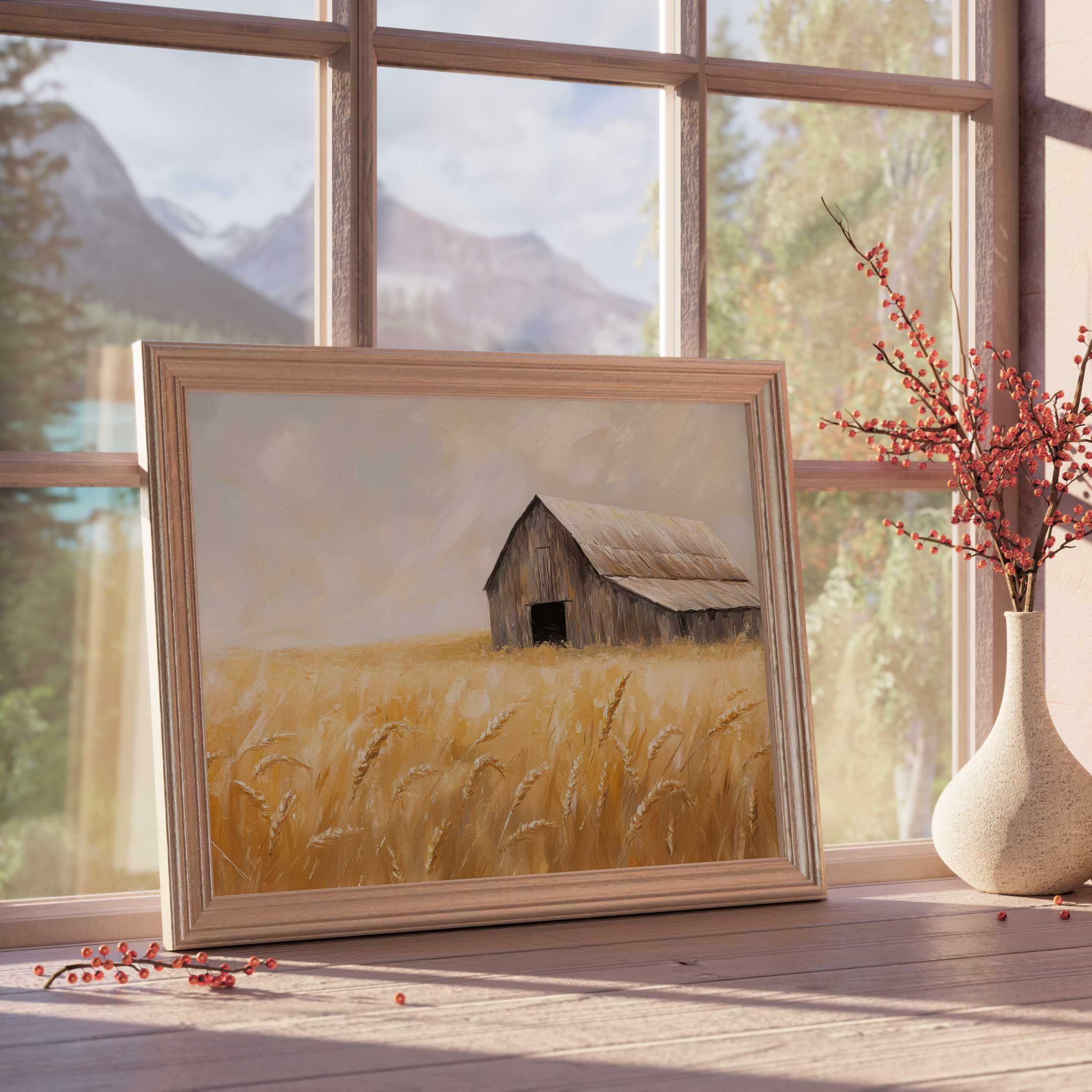 Farmhouse downloadable art evokes warm tranquility with golden wheat fields and rustic charm, perfect for curated, stylish interiors
