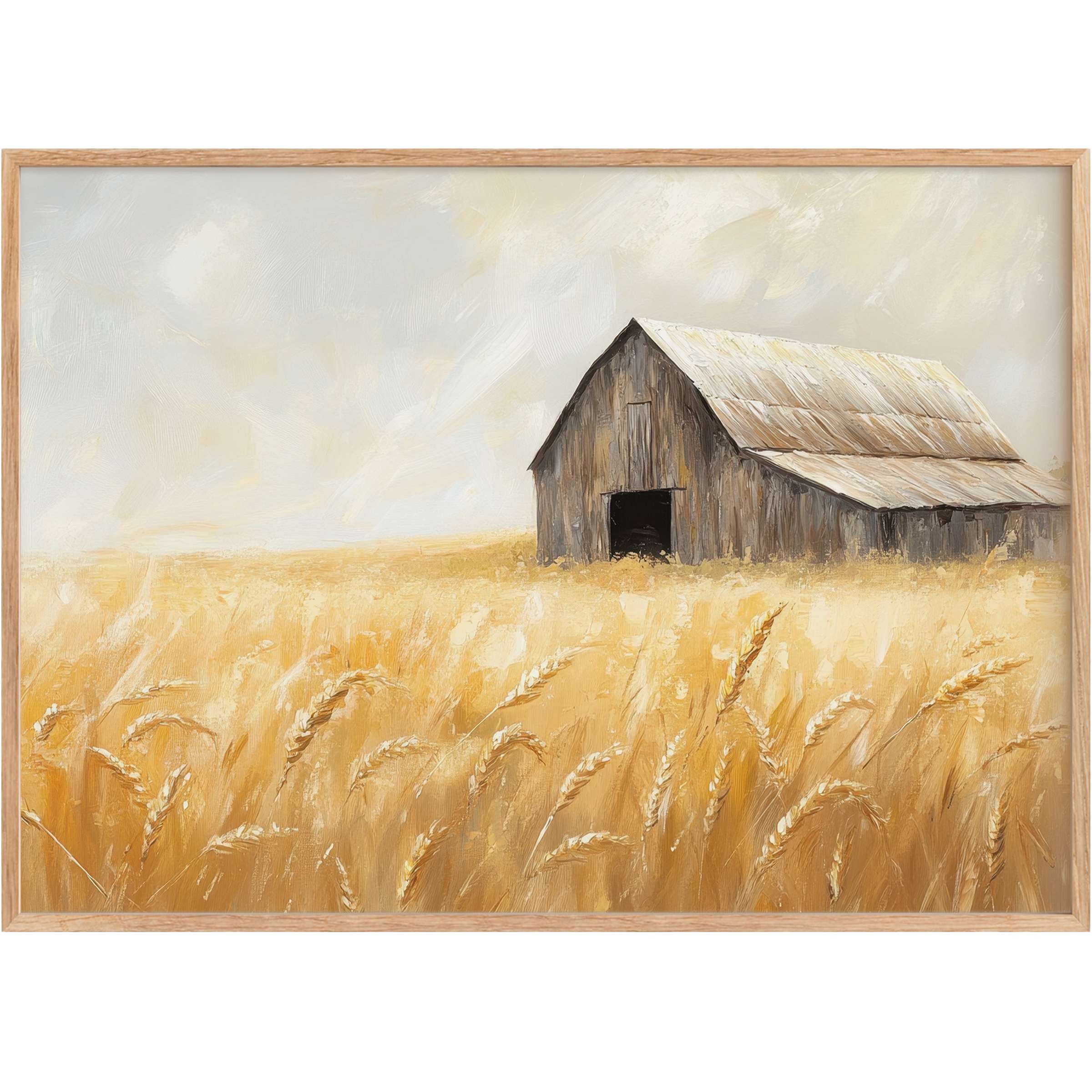 Golden wheat fields bathed in soft light frame a rustic barn, evoking warm, calming farmhouse printable wall art for serene spaces