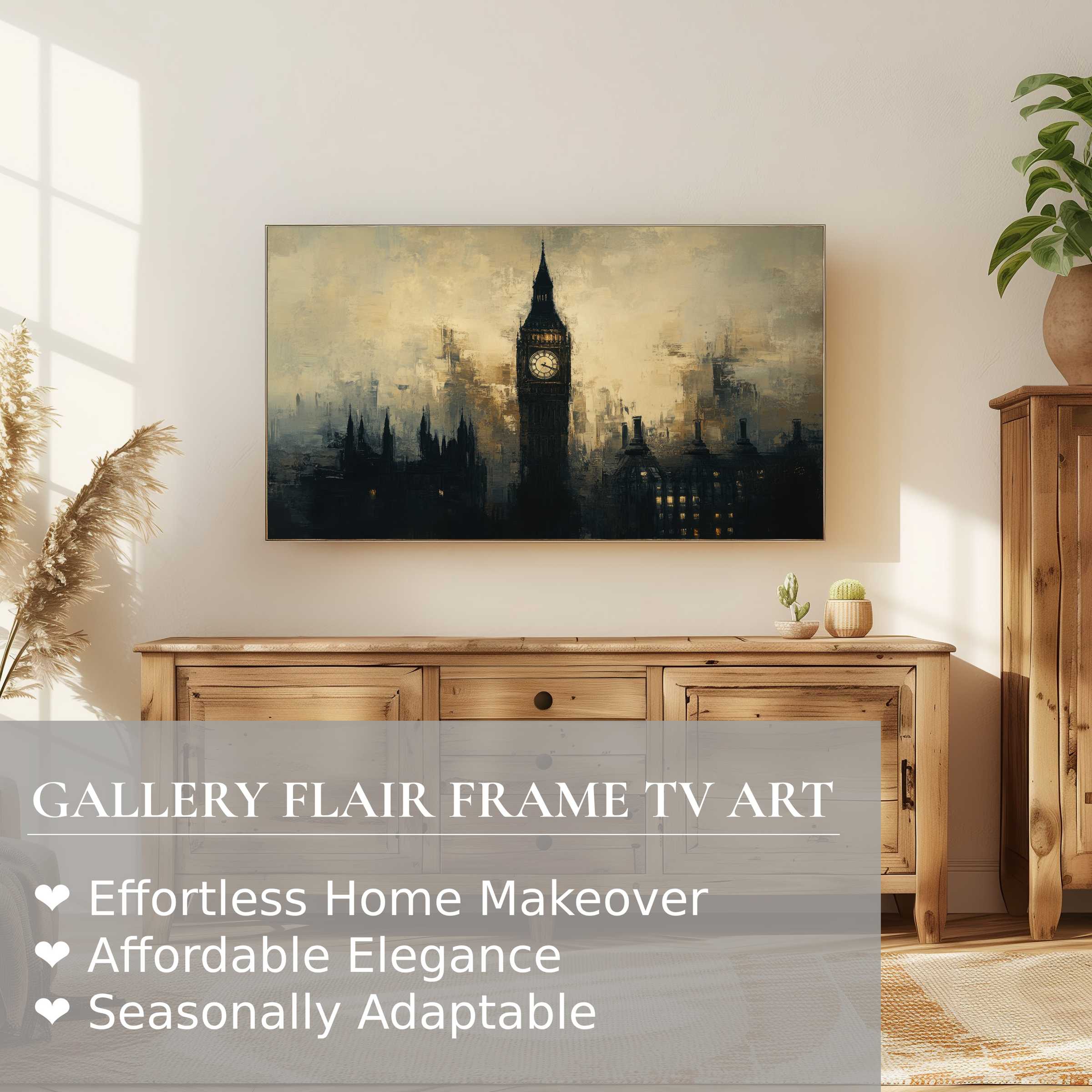 Samsung Frame TV showcasing moody urban digital artwork in a sleek, warm-toned modern living space