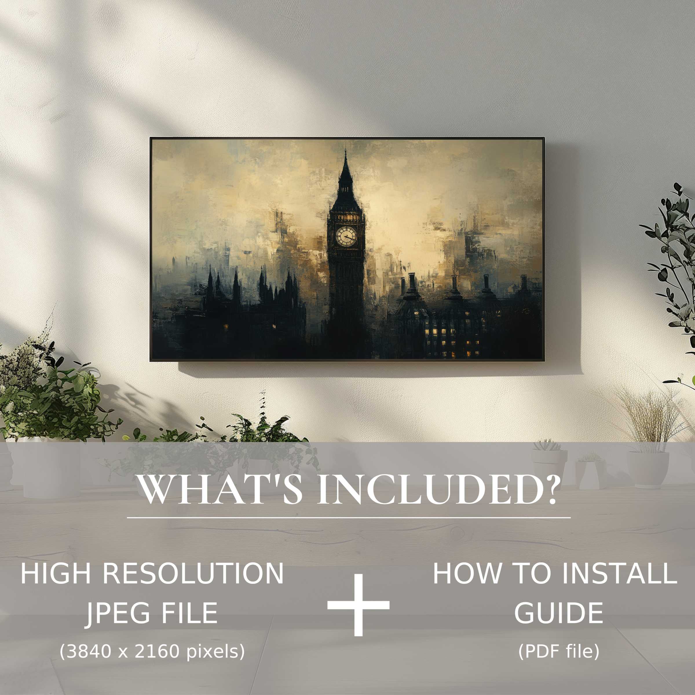 Elegant urban digital TV art download of moody cityscape enhances living room style with effortless digital installation