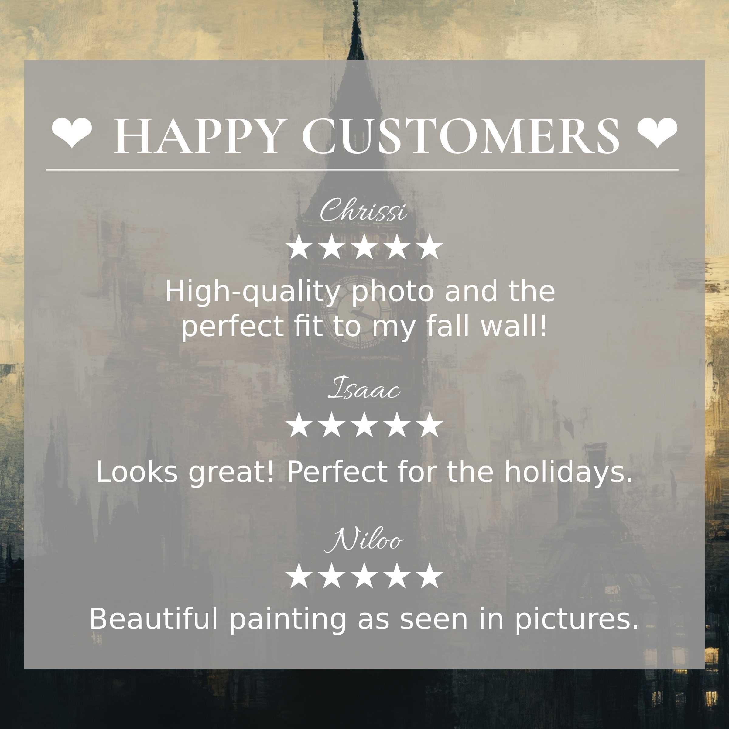 Urban art for Frame TV with abstract sunset tones, showing happy customer reviews that inspire trust and elegance