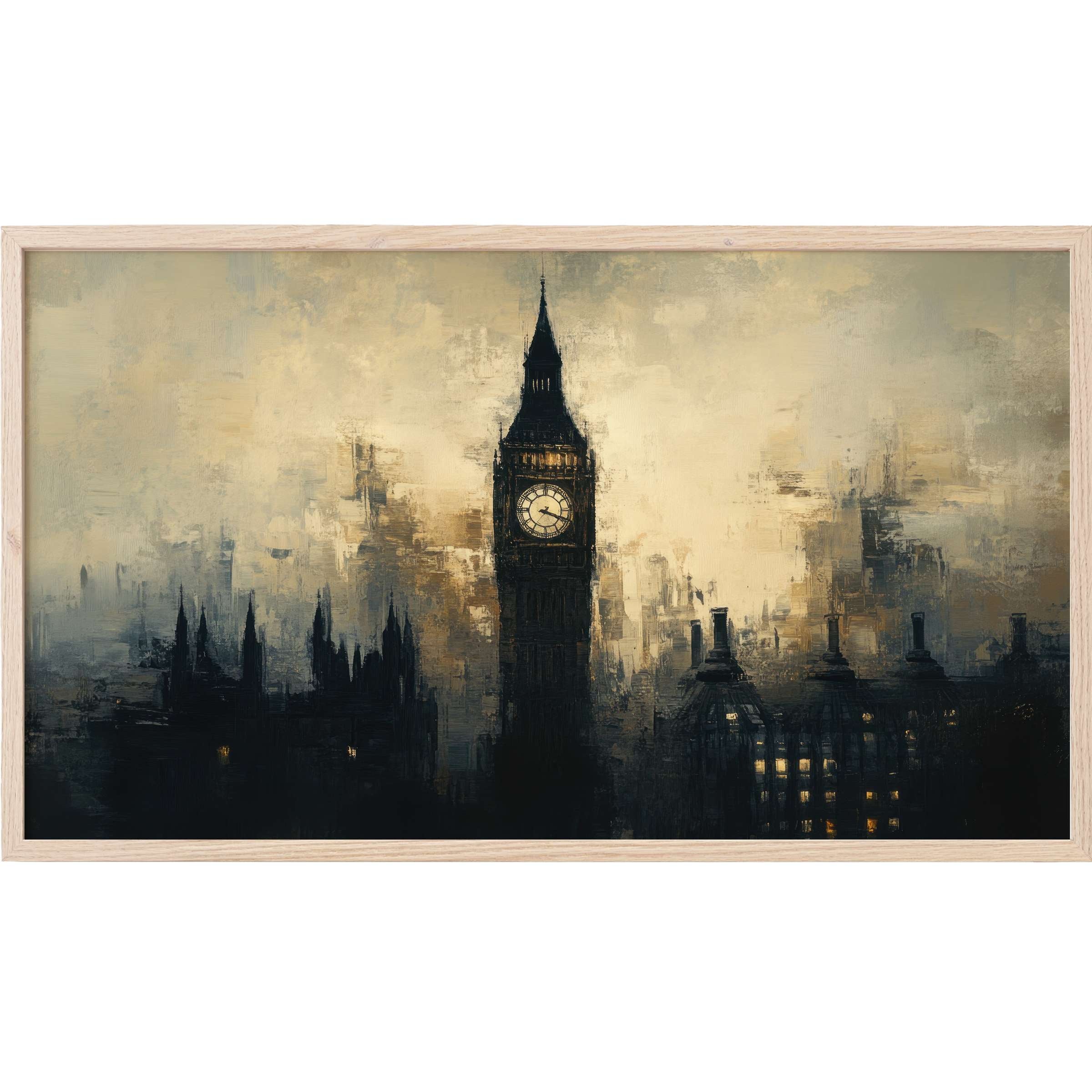 Moody London skyline in muted gold and black hues, textured brushwork; sophisticated urban Frame TV Art for modern interiors
