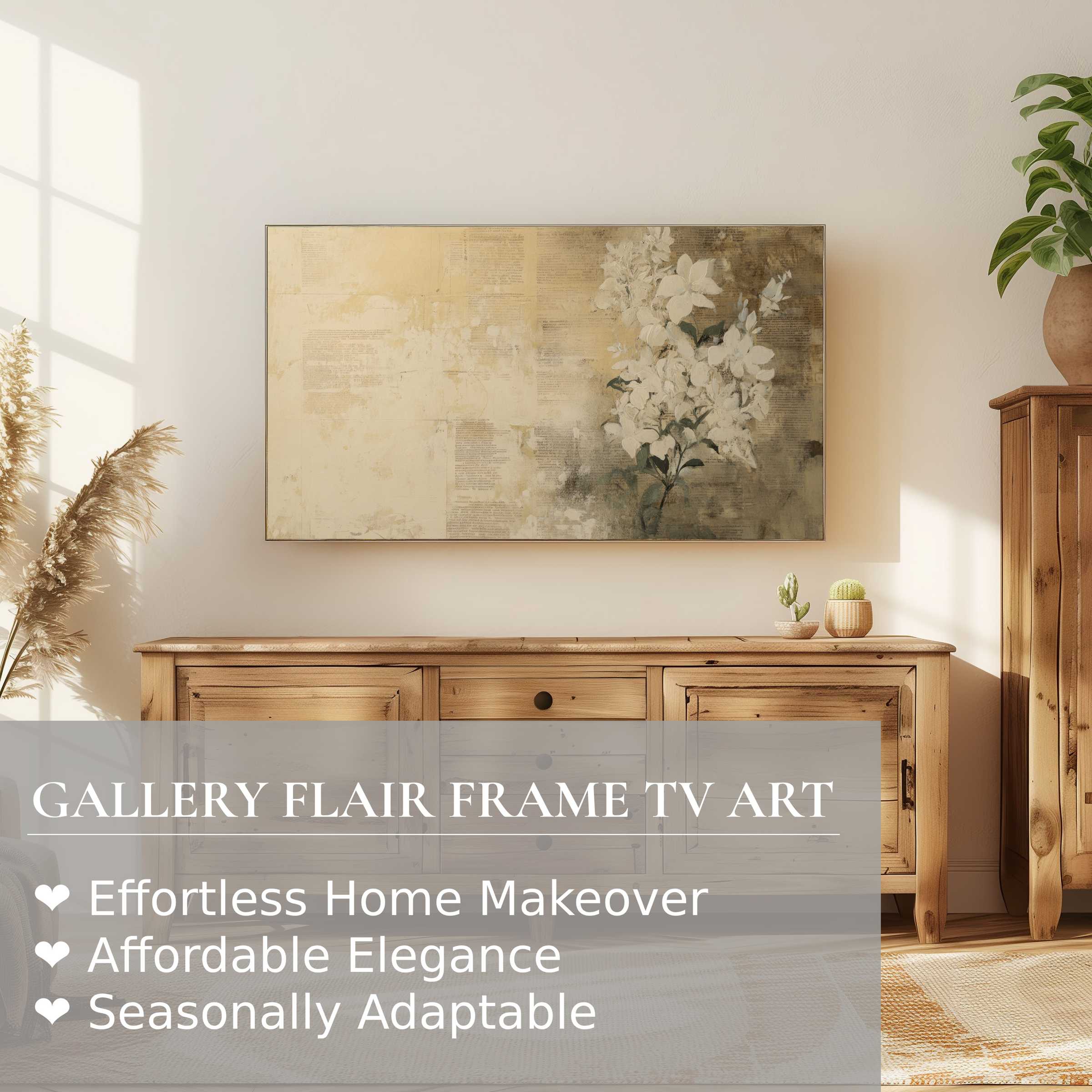 Samsung Frame TV showcasing botanical digital artwork in a soft, modern, and elegant living room setting