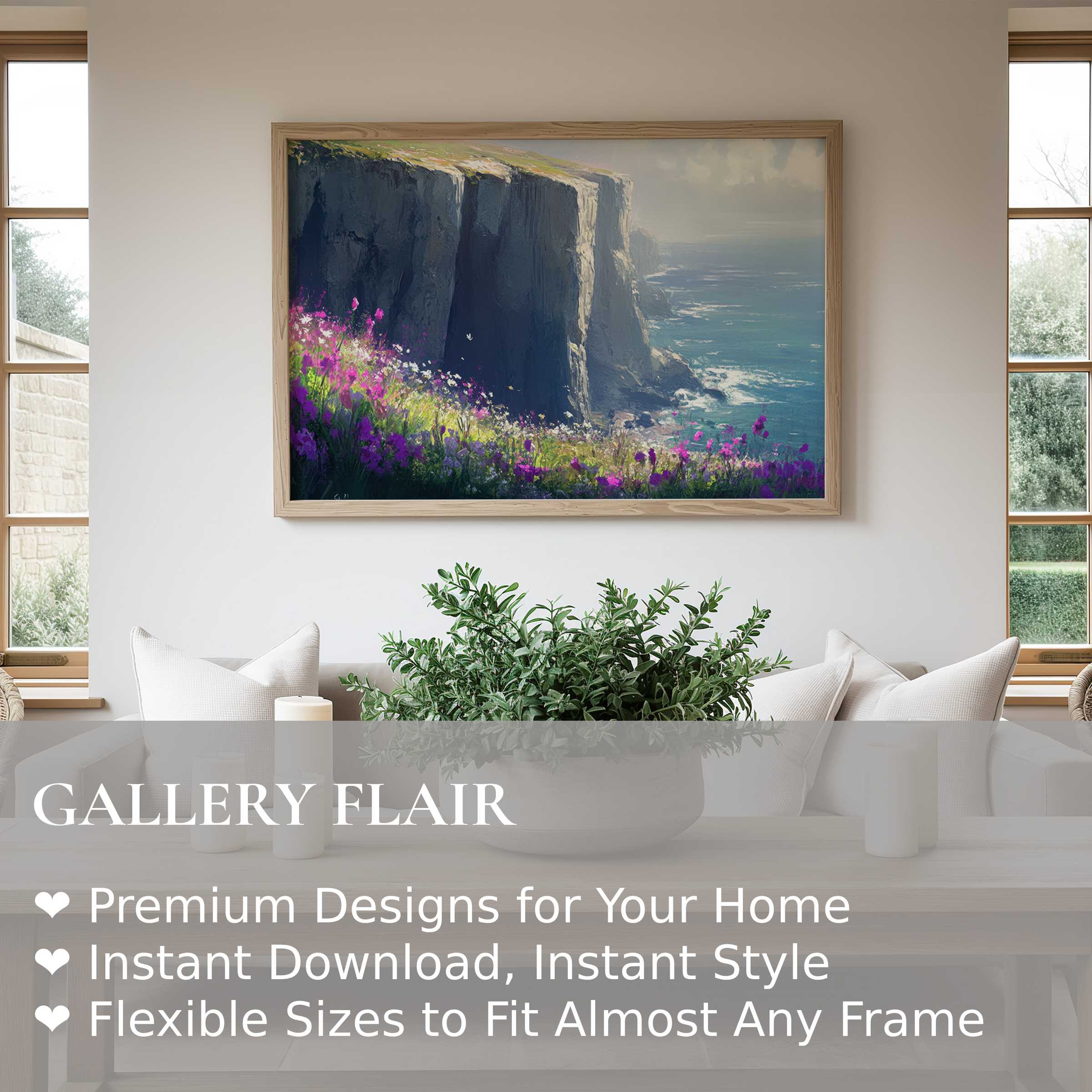 Coastal wall art print capturing rugged cliffs with vibrant wildflowers, evoking serene, airy coastal living in a modern minimalist space