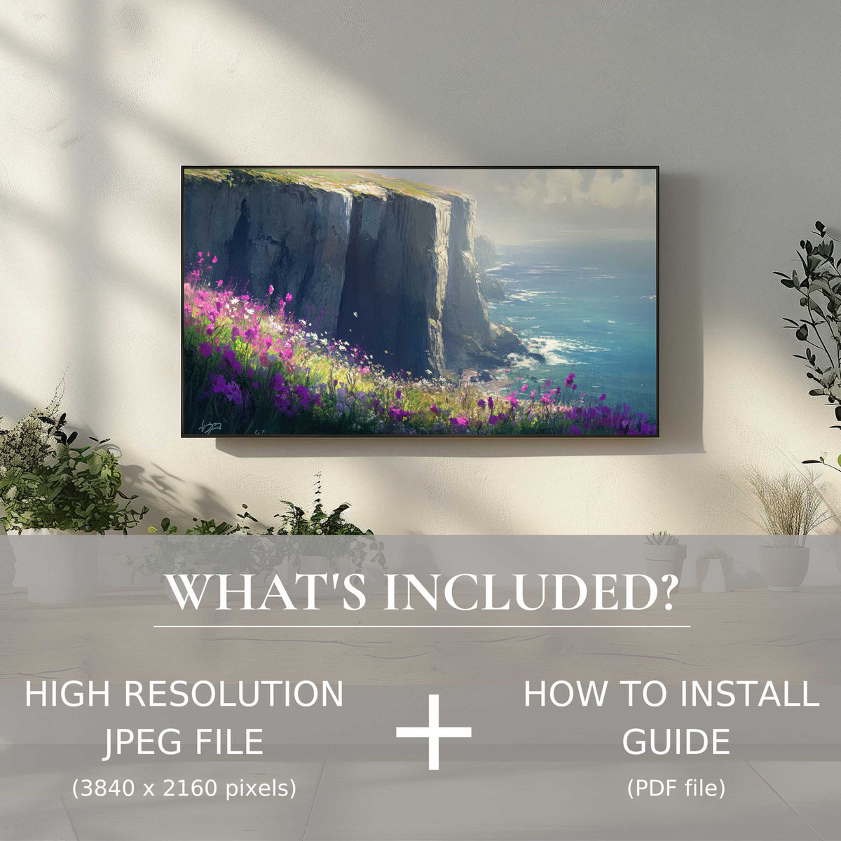 Elegant coastal digital TV art download with easy use, enriching modern living spaces with serene cliffside beauty