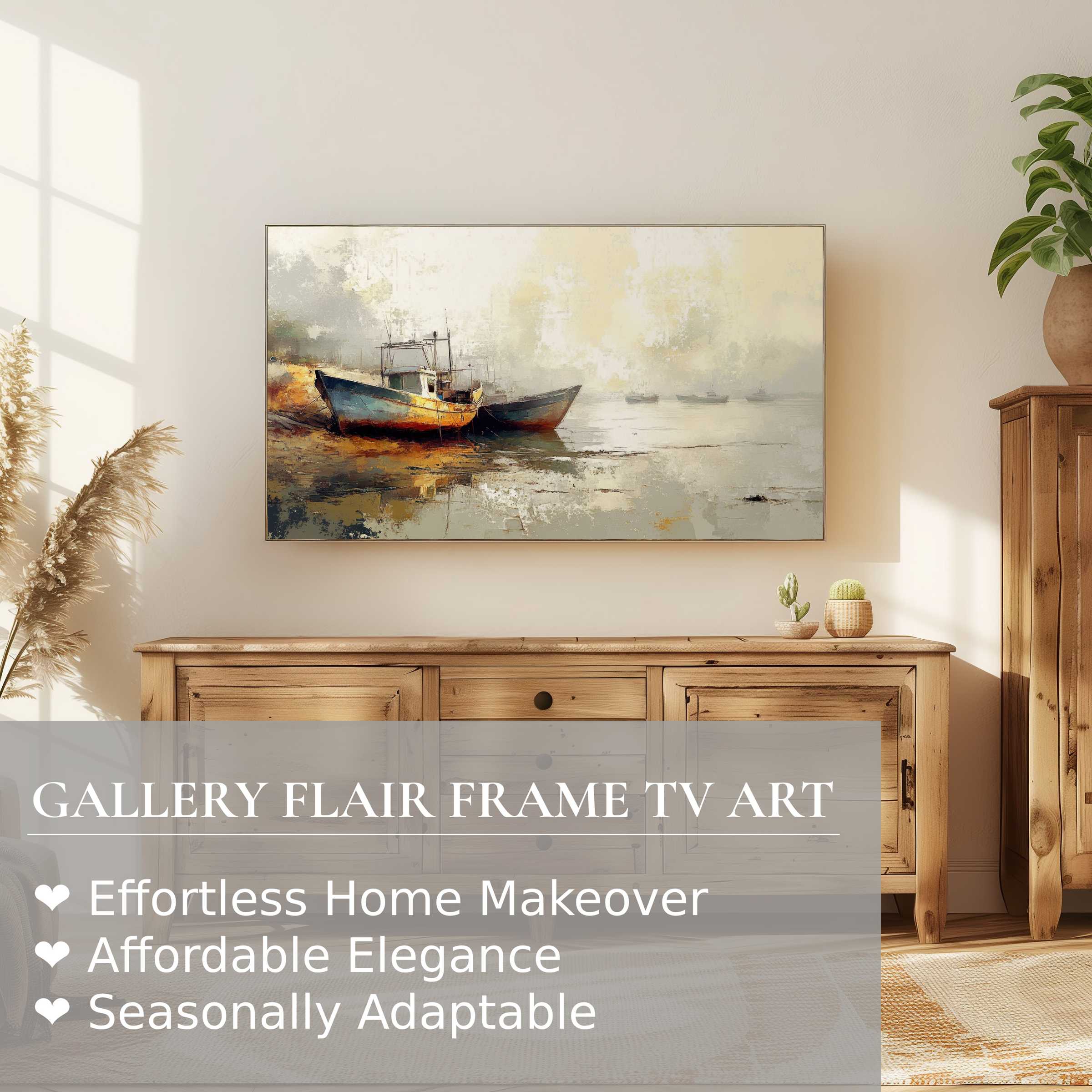 Samsung Frame TV displaying serene beach digital artwork of boats in muted tones, perfect for elegant modern interiors