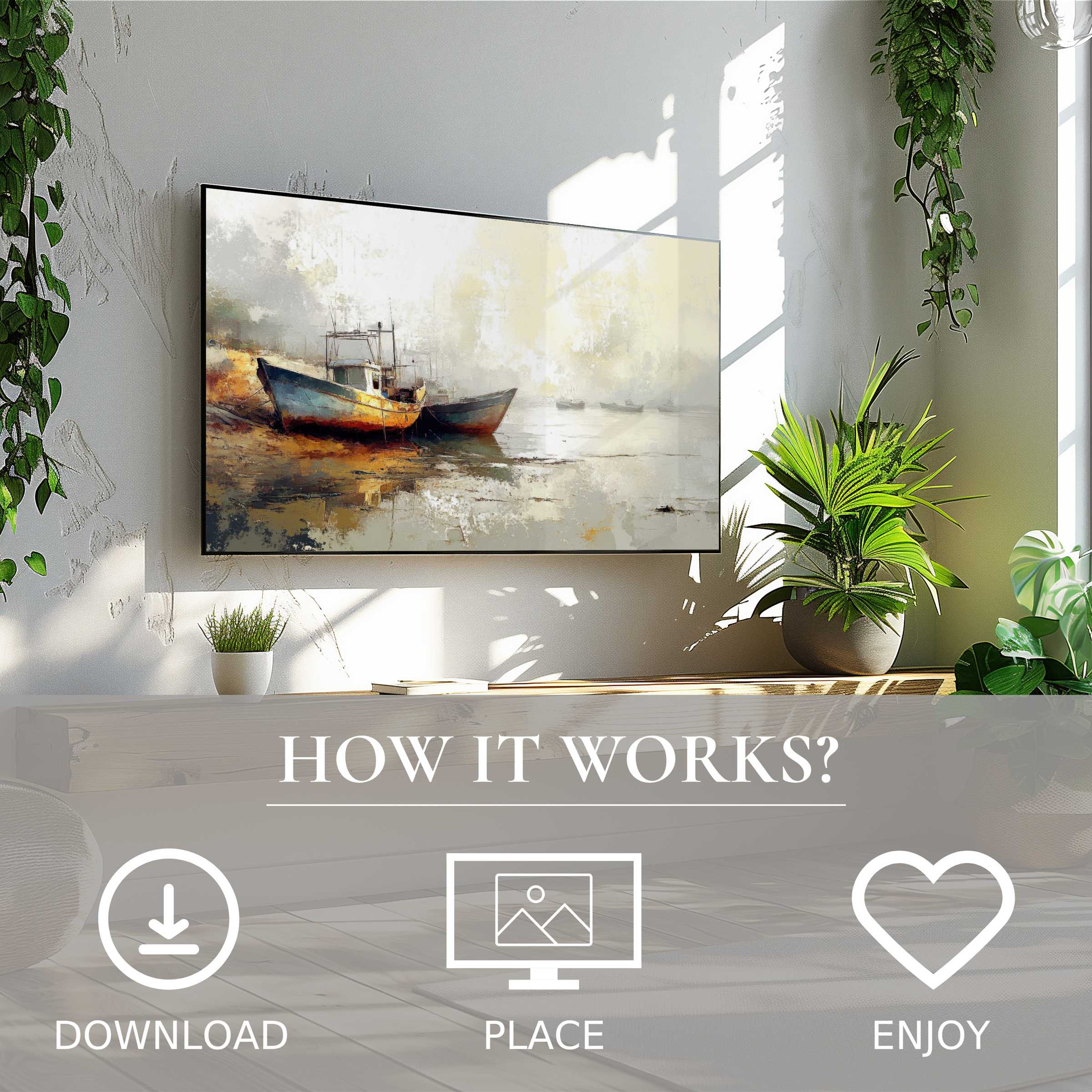 Beach art for Samsung TV with warm boat tones, easy digital download to enrich any modern living space