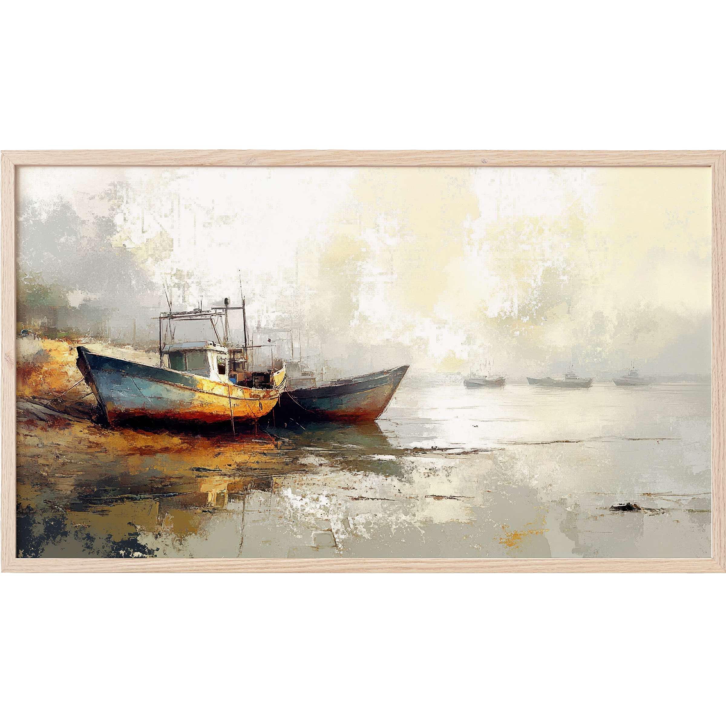 Serene coastal boats in muted golds and grays evoke calm reflection in this beach Frame TV Art masterpiece