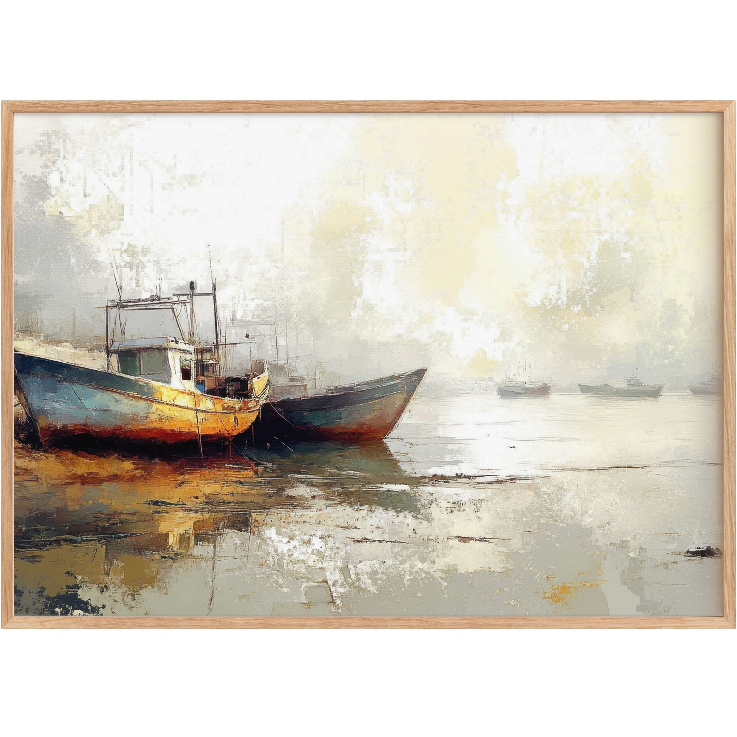 Rustic boats anchored in misty dawn hues craft a serene, timeless vibe-perfect beach printable wall art to elevate elegant coastal interiors