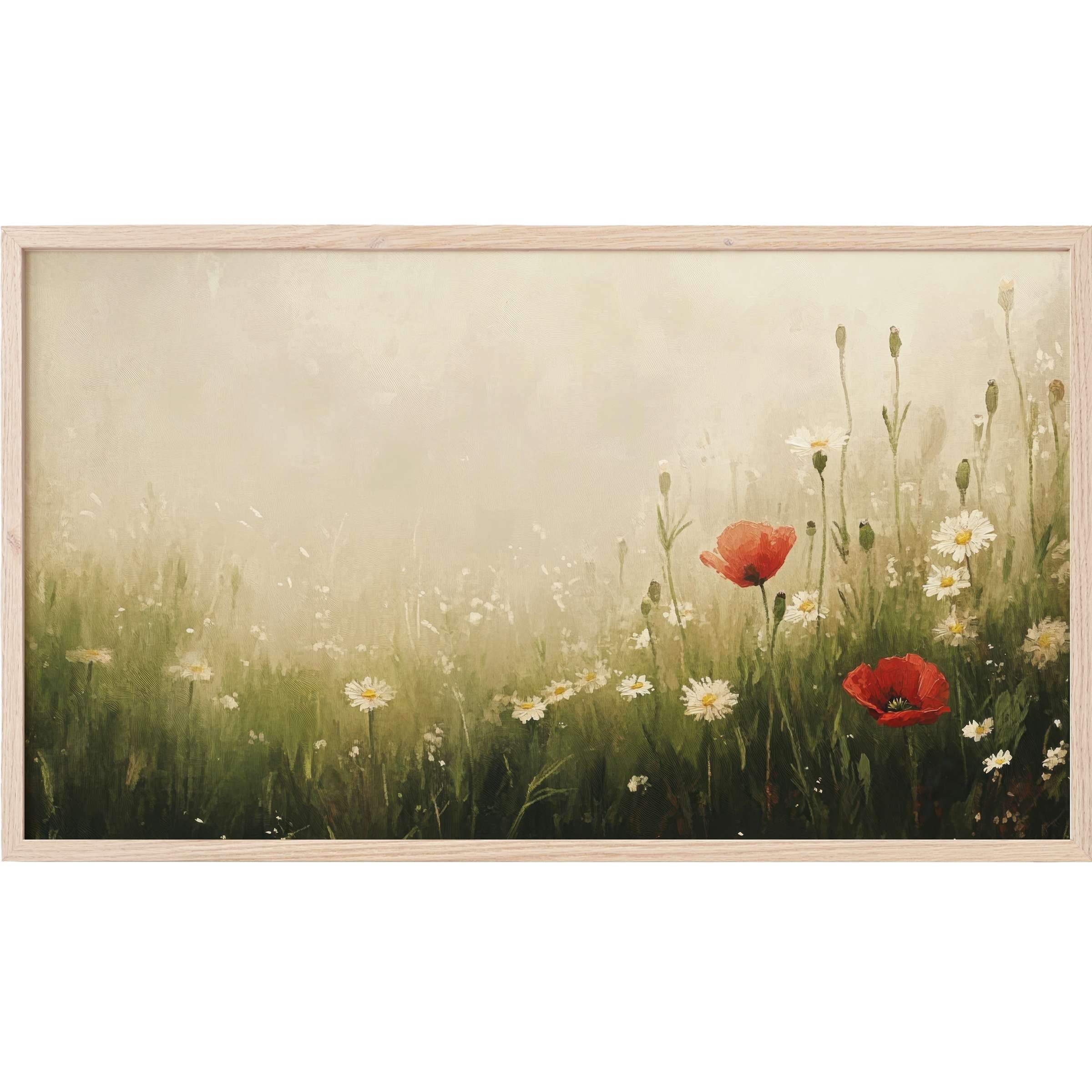Muted green and cream floral meadow with red poppies in soft brushstrokes, perfect spring Frame TV Art