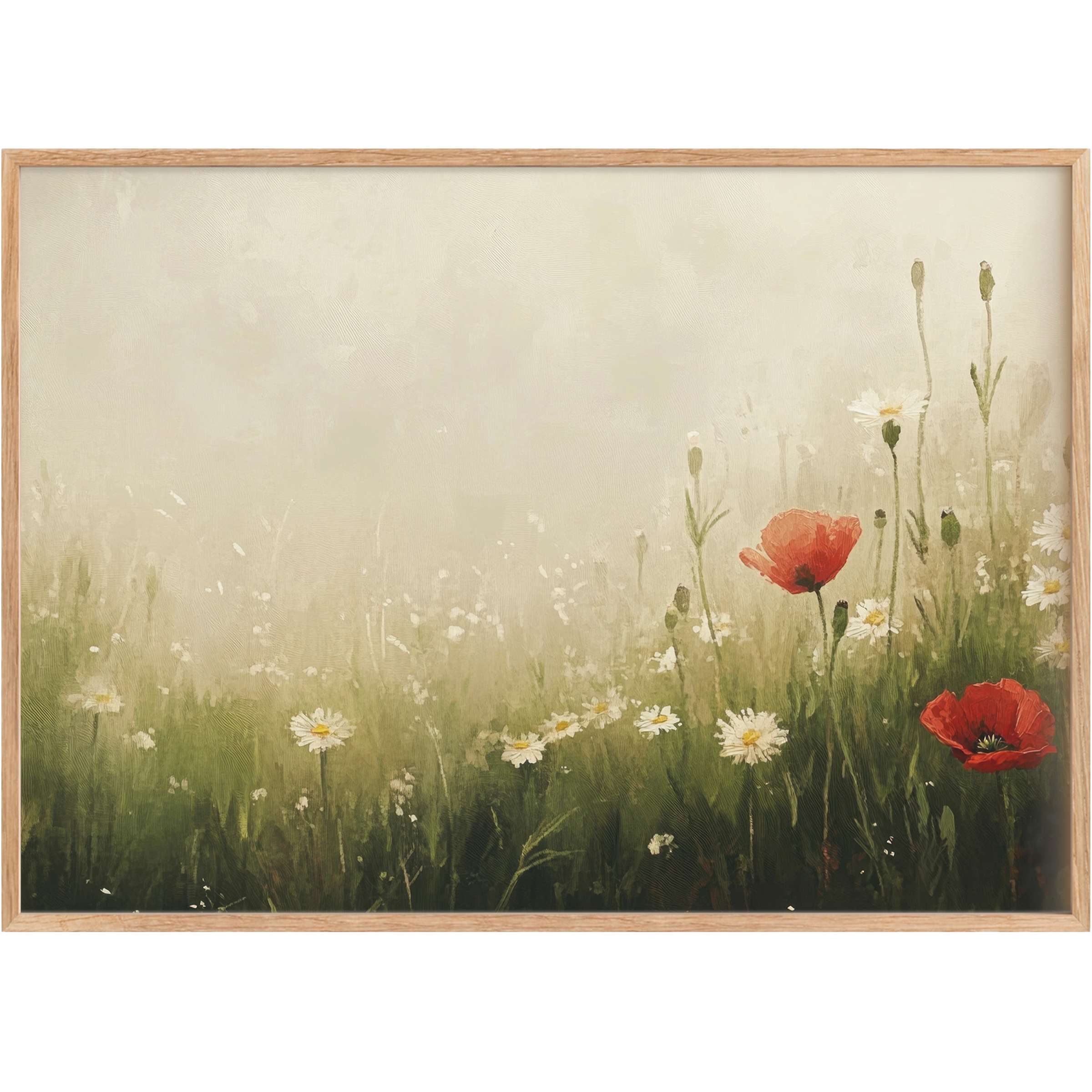 Spring printable wall art with delicate poppies and daisies, evoking a serene, sun-dappled meadow in soft greens and warm reds