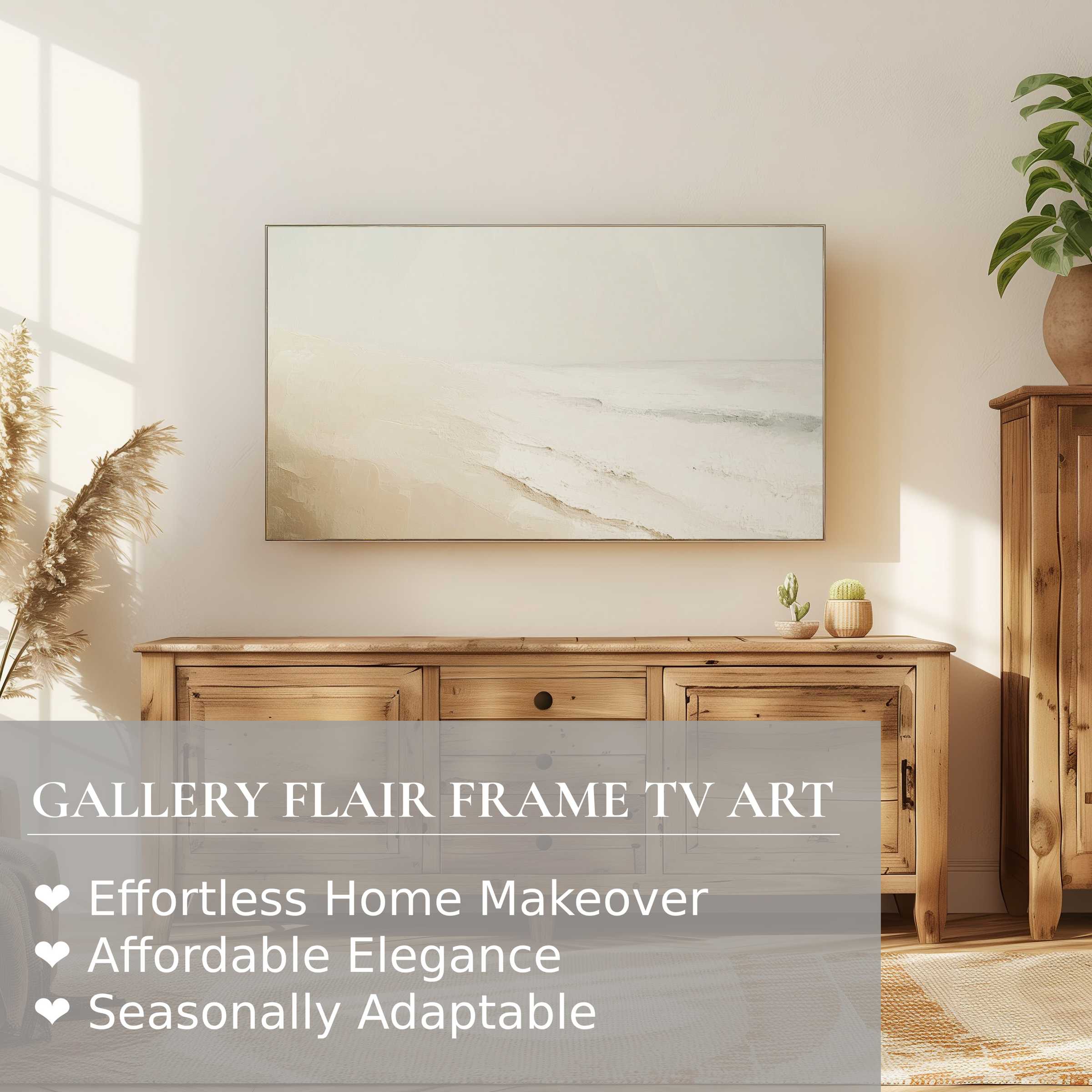 Samsung Frame TV displays serene, minimalist summer digital artwork in a warm, elegant living space for refined decor