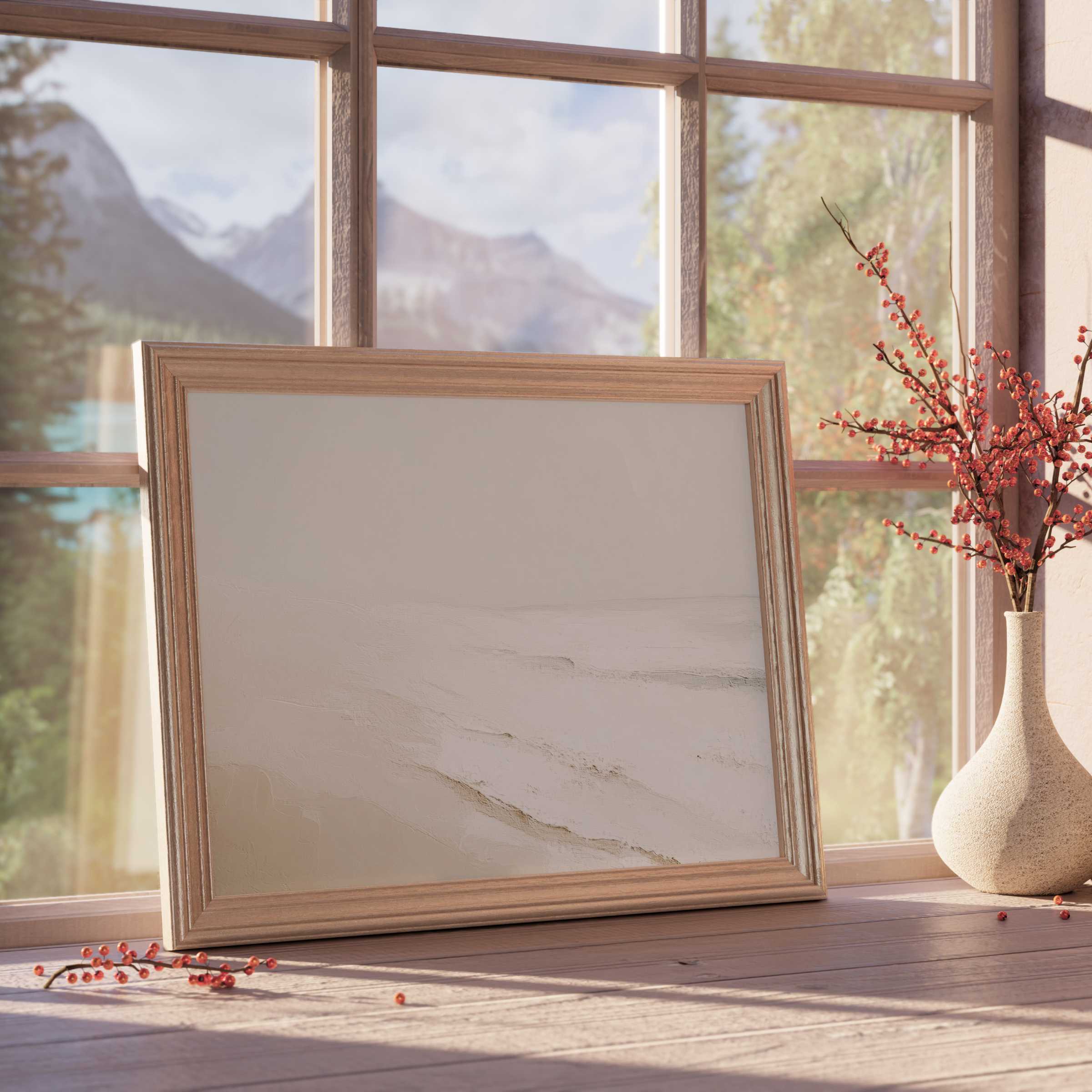 Summer downloadable art evoking serene beach calm-a natural wood frame enhances tranquil, curated, sunlit interiors