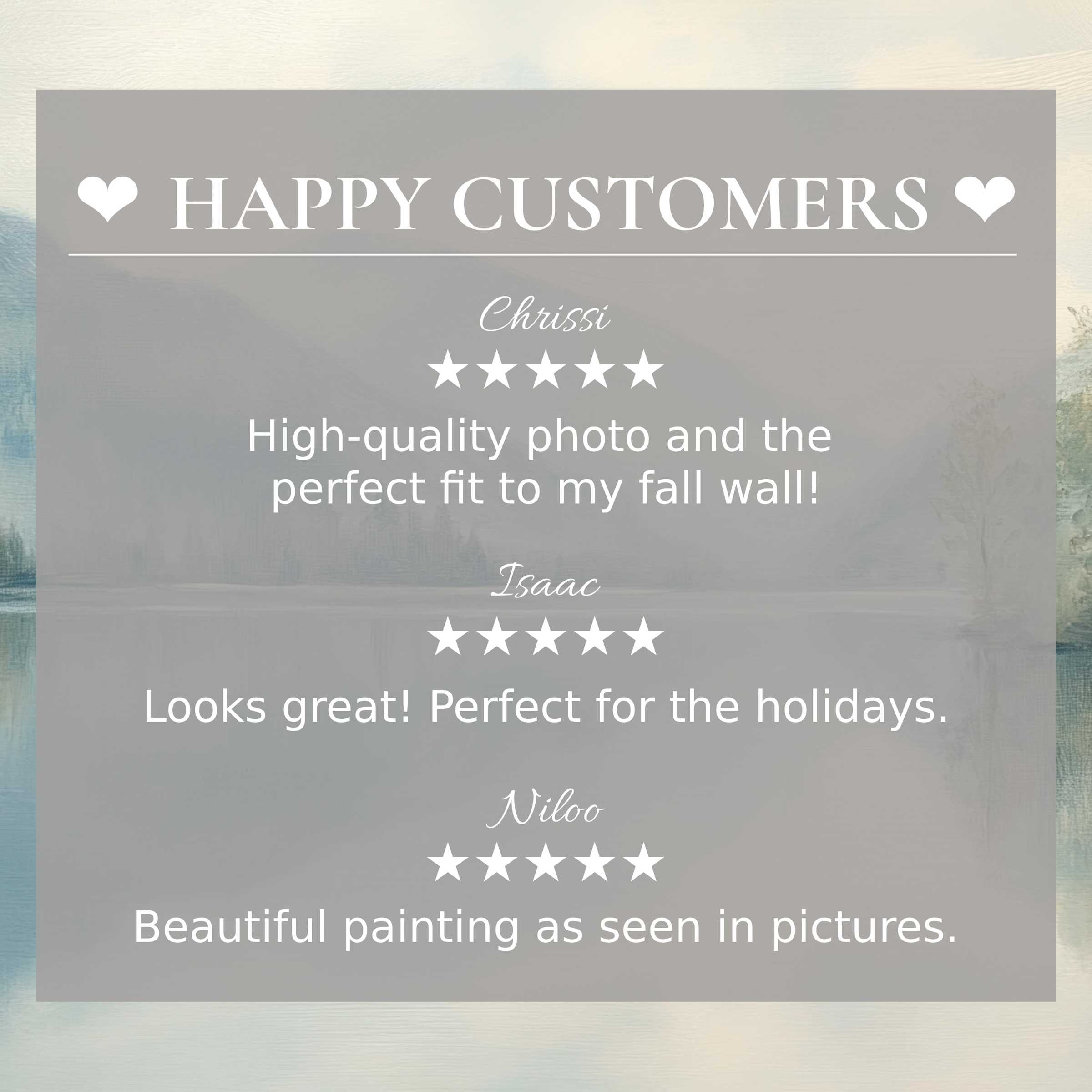 Elegant landscape art for Frame TV with abstract serene hues, showcasing happy customer reviews to inspire trust in quality