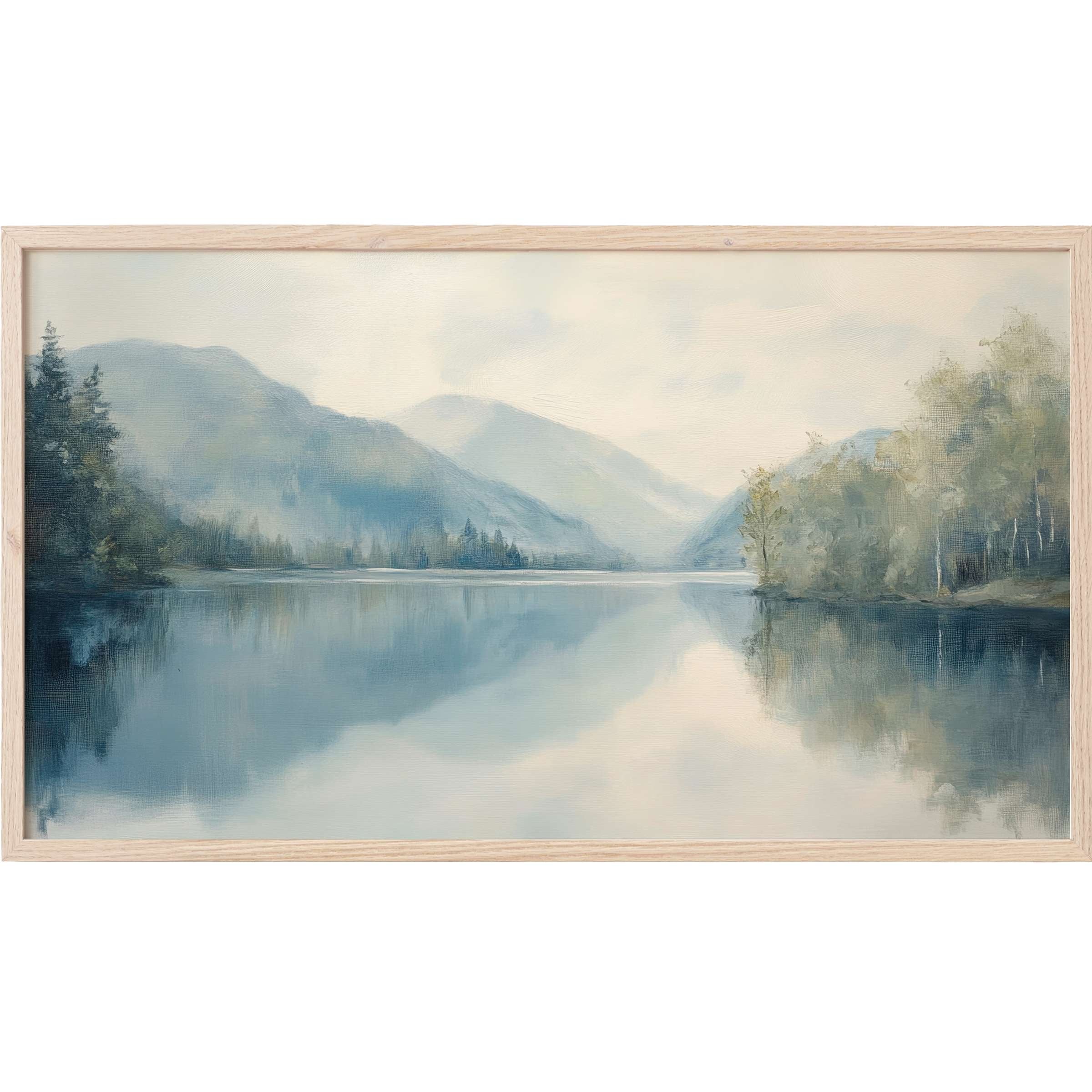 Serene misty mountain lake in soft blues and greens, a calming landscape Frame TV Art for modern interiors