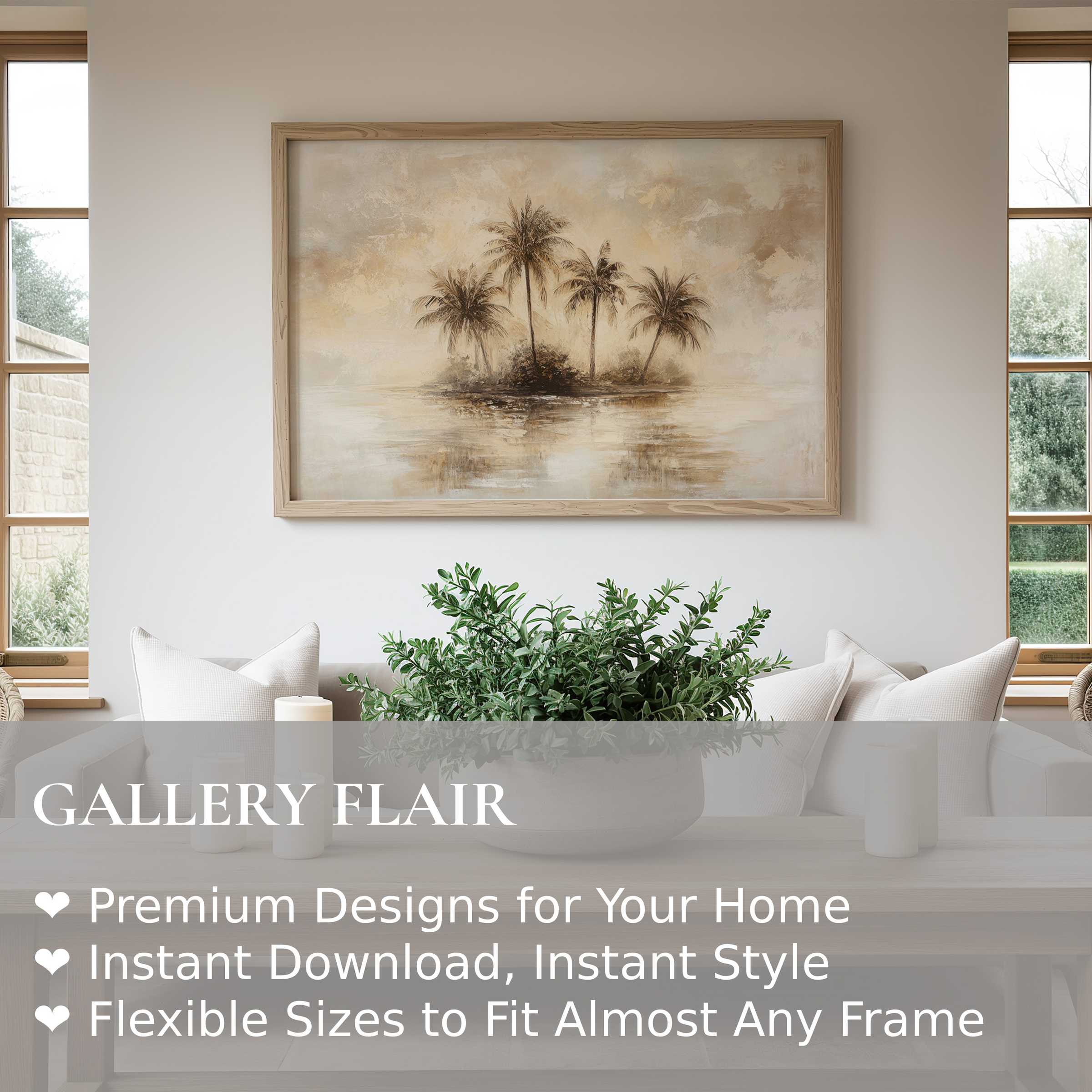 Vintage wall art print of serene palm trees with soft, muted tones enhancing a modern coastal living room’s calming, natural elegance