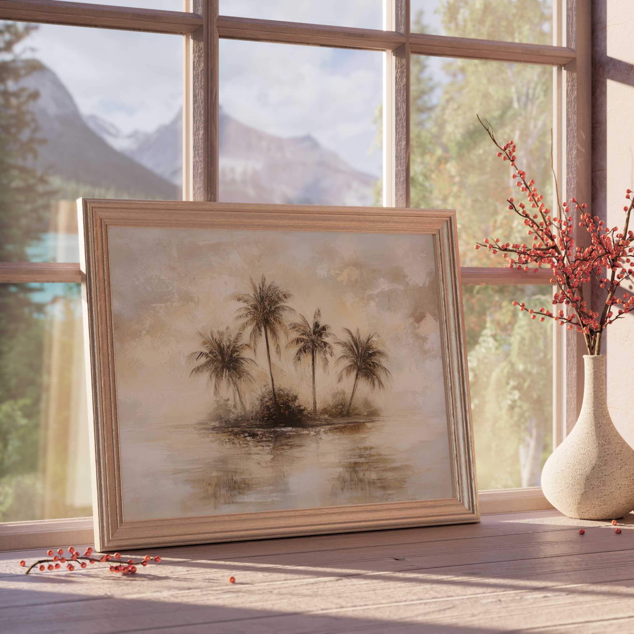 Vintage downloadable art of serene palm tree island in warm earthy tones, perfect for calm, curated, design-forward interiors