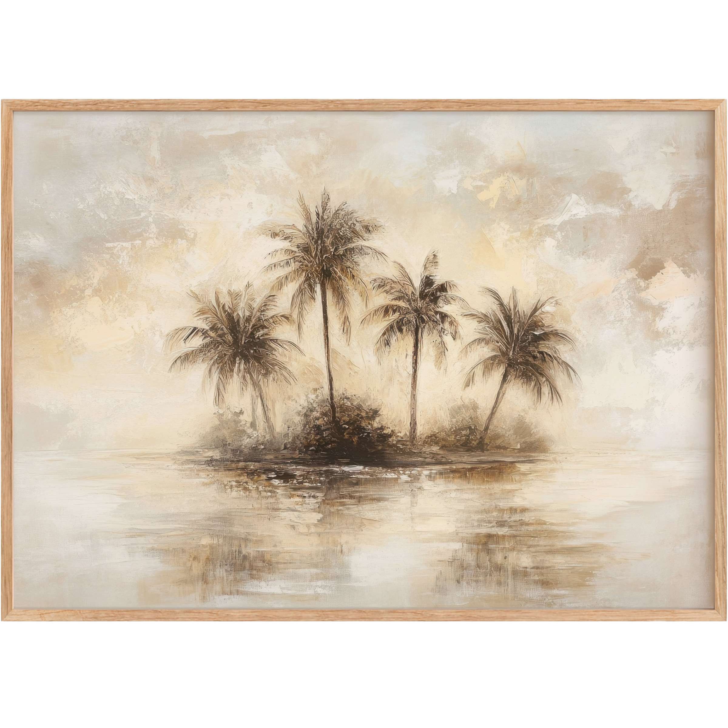 Serene vintage printable wall art of palm trees in soft taupe and cream hues, evoking tranquil coastal elegance