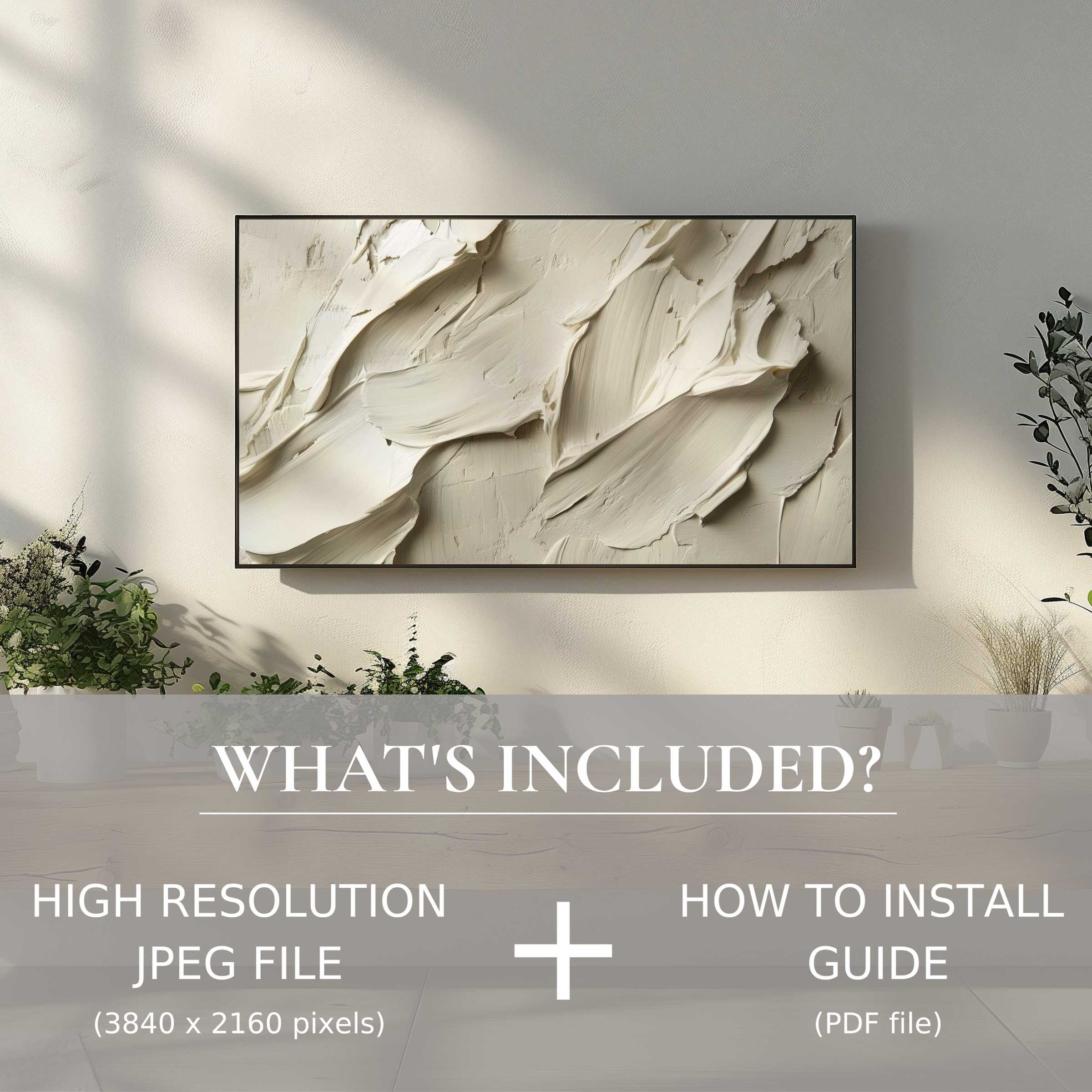 Neutral digital TV art download showcasing textured cream tones, easily elevating modern living spaces with effortless digital use