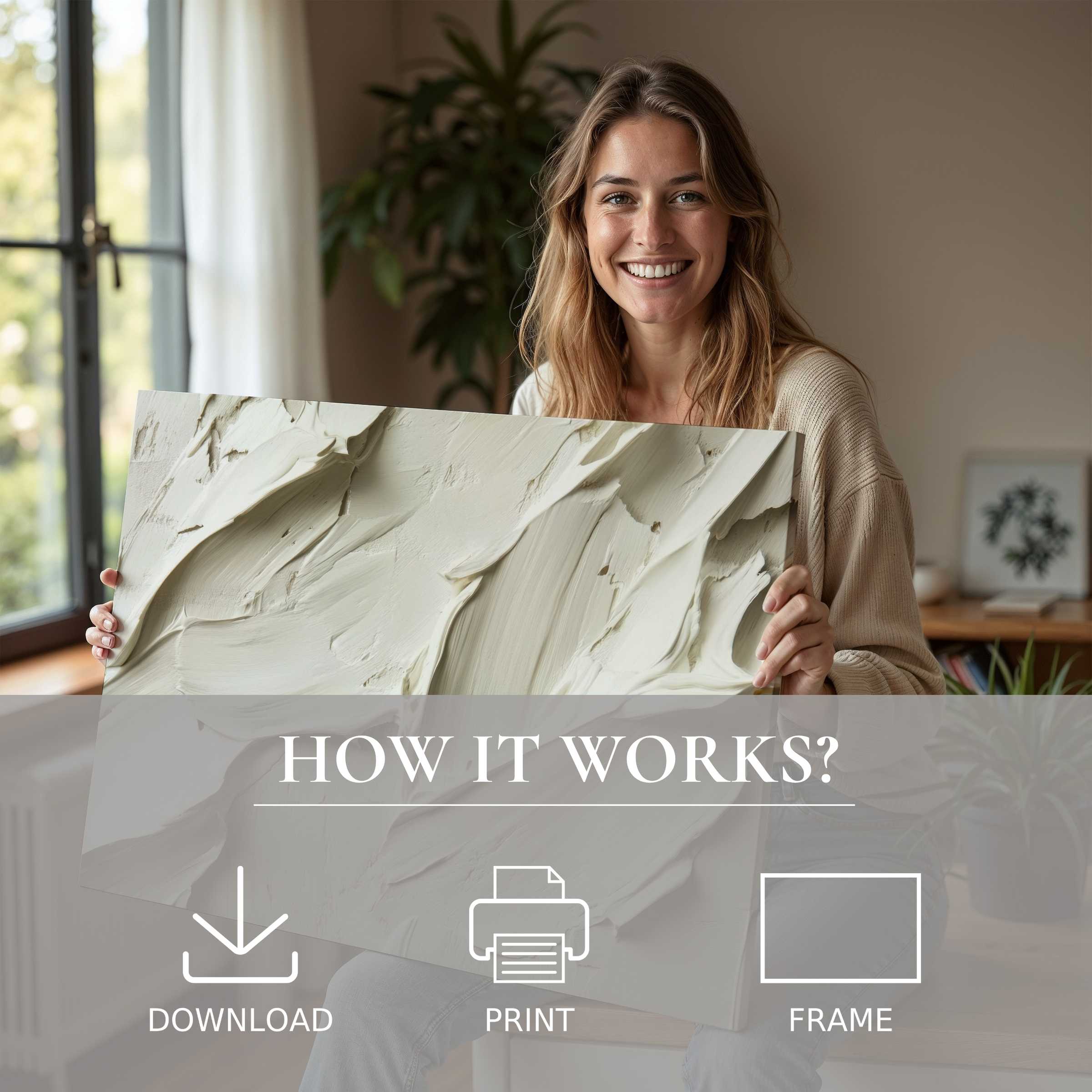 Radiant joy in a modern home as a neutral digital art print transforms space with serene, textured elegance and effortless style