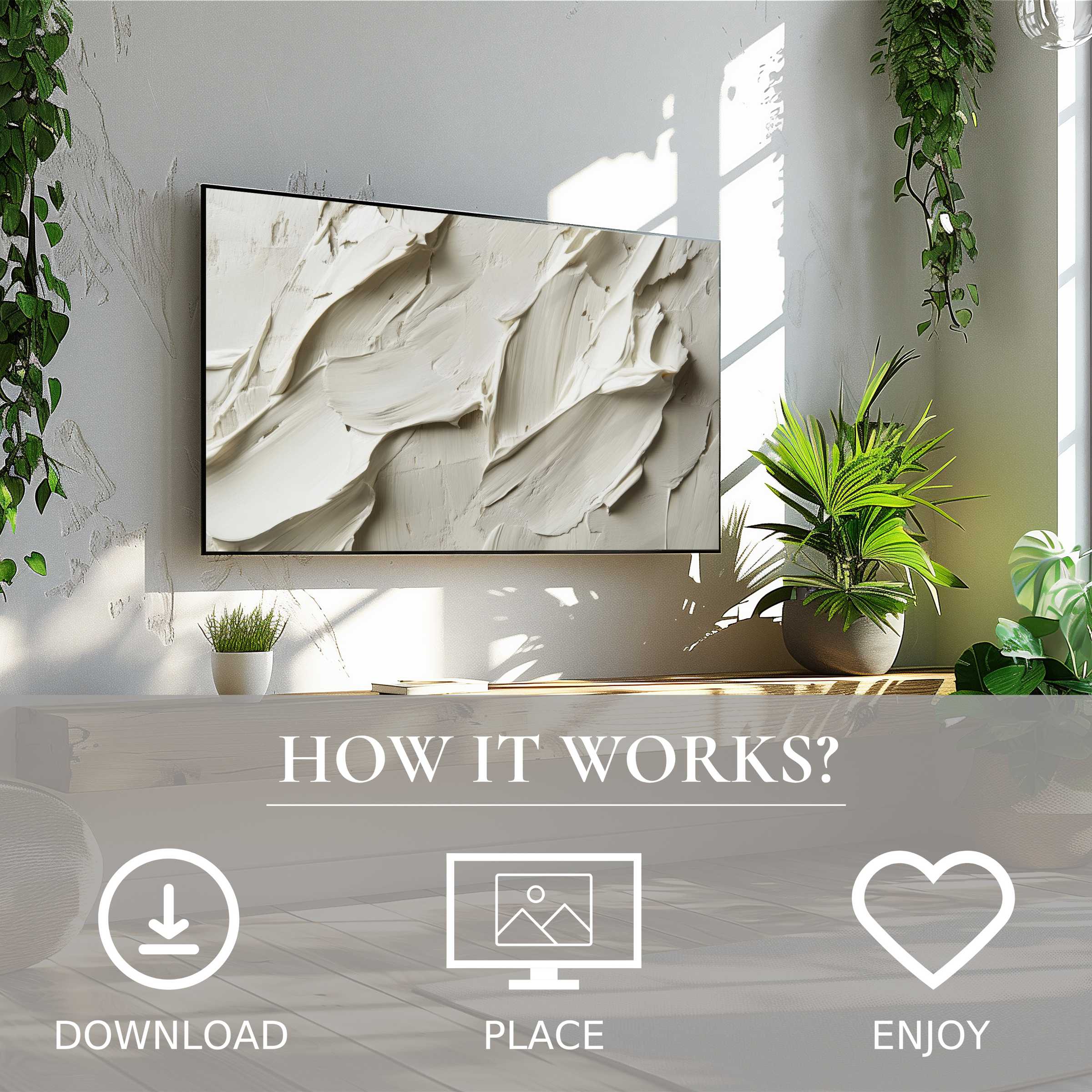 Neutral art for Samsung TV showing soft beige texture adds calm to space, easy digital download enriches modern decor