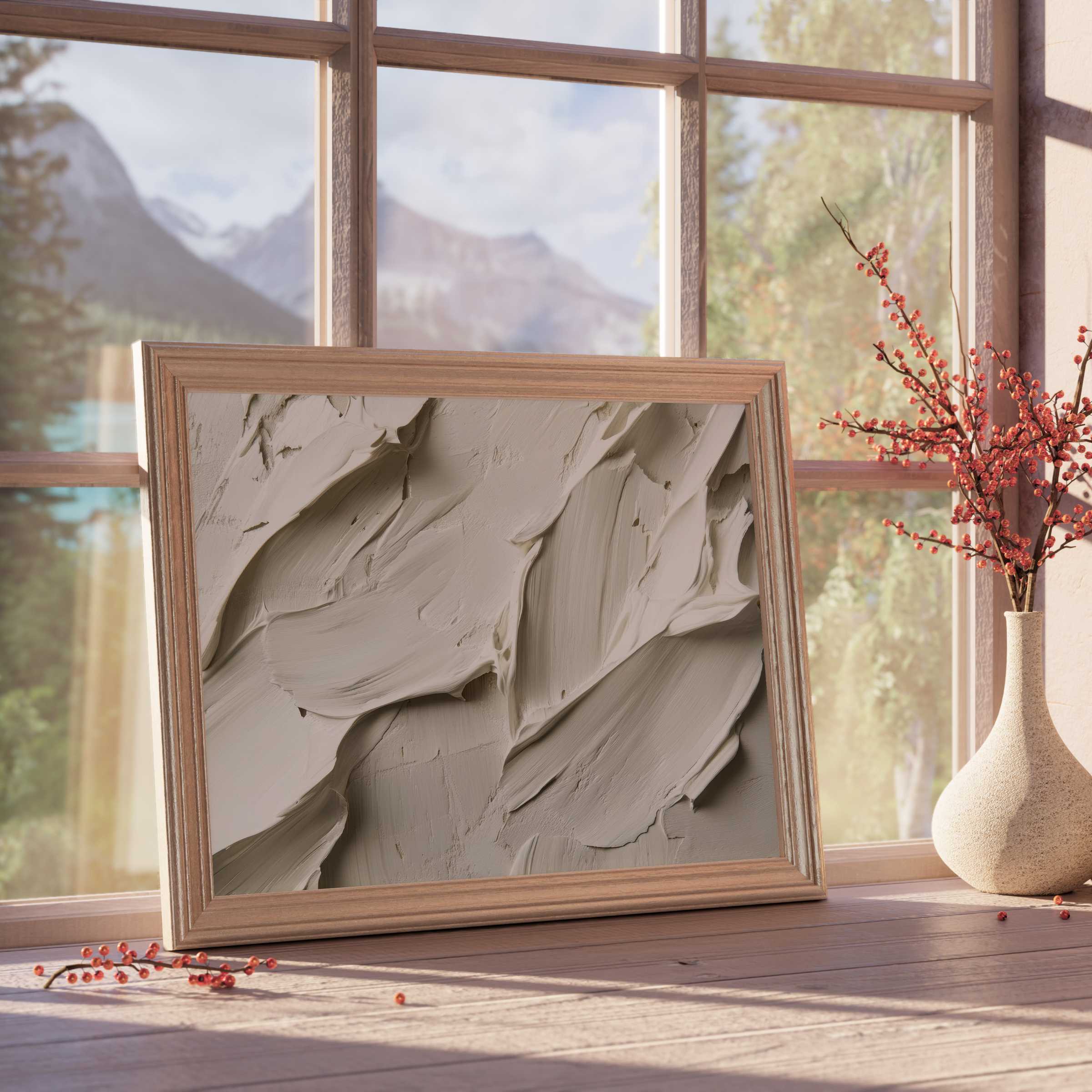 Neutral downloadable art with textured taupe brushstrokes, enhancing serene, curated interiors with a warm, natural ambiance