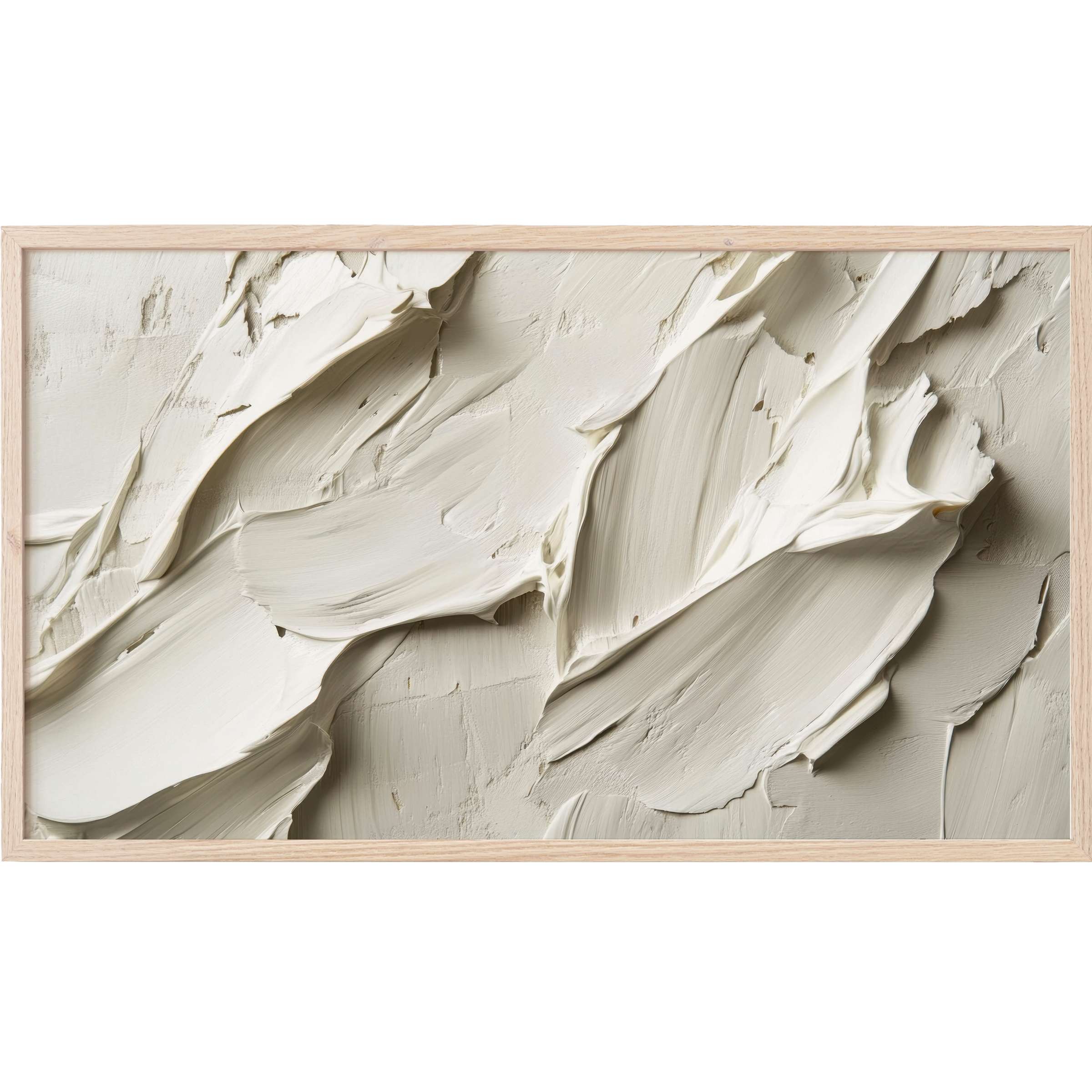 Textured cream and beige abstract brushstrokes with soft shadows in a light wood frame, styled as neutral Frame TV Art