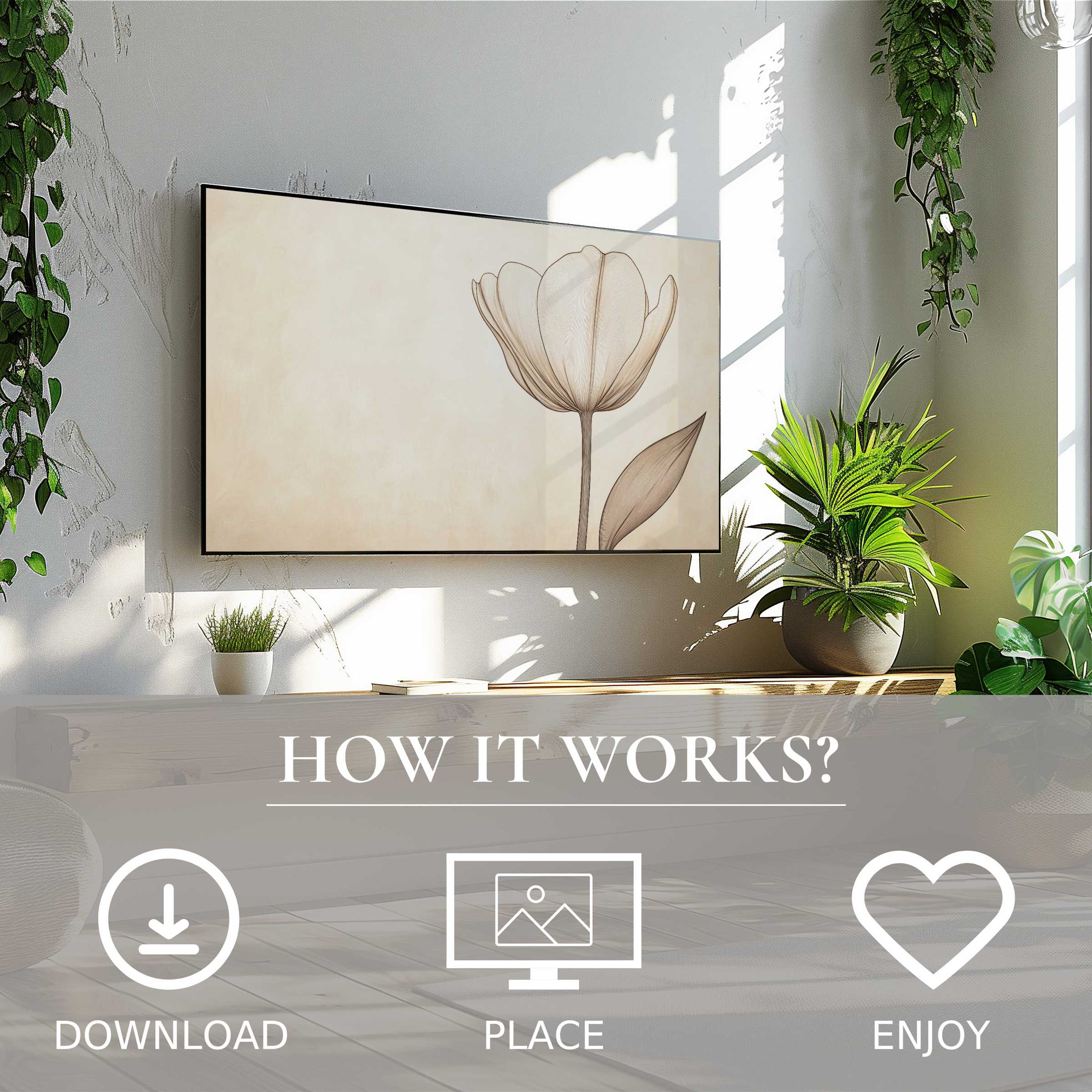 Minimalist art for Samsung TV shows soft beige floral motif, easy digital download enriching modern living spaces
