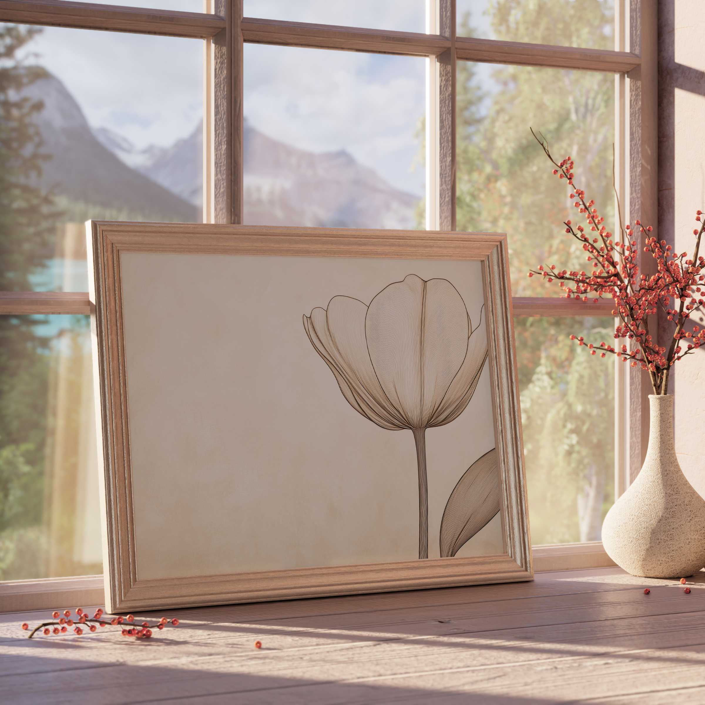 Minimalist downloadable art featuring a delicate line flower sketch, elevating serene, curated spaces with timeless elegance