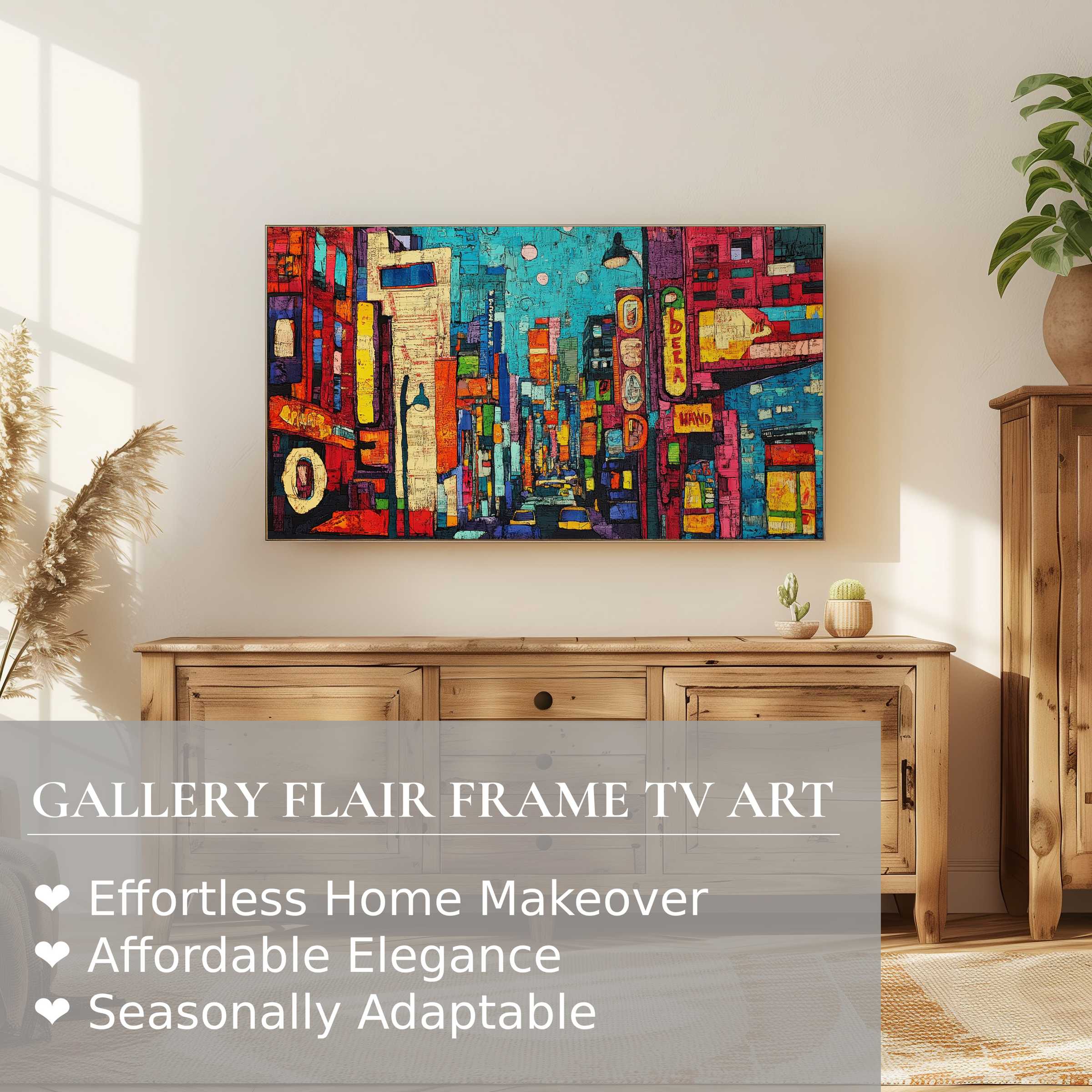 Elegant living room showcases vibrant pop art digital artwork on Samsung Frame TV, blending modern style with refined home decor